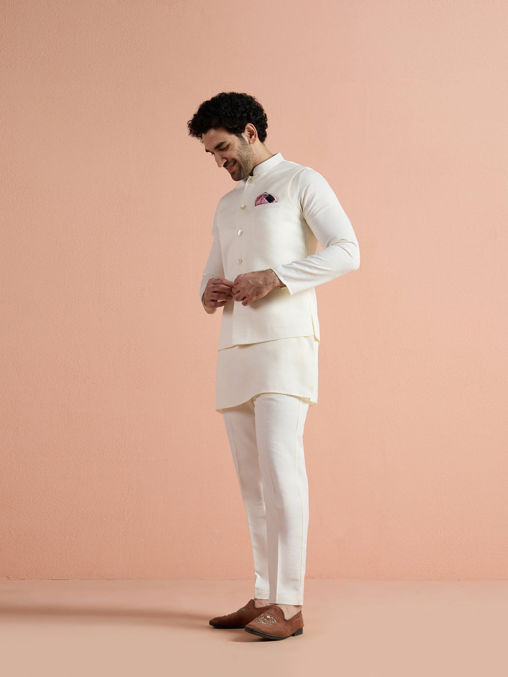Off White Poly Viscose Solid Mid Kurta Jacket Trouser Set