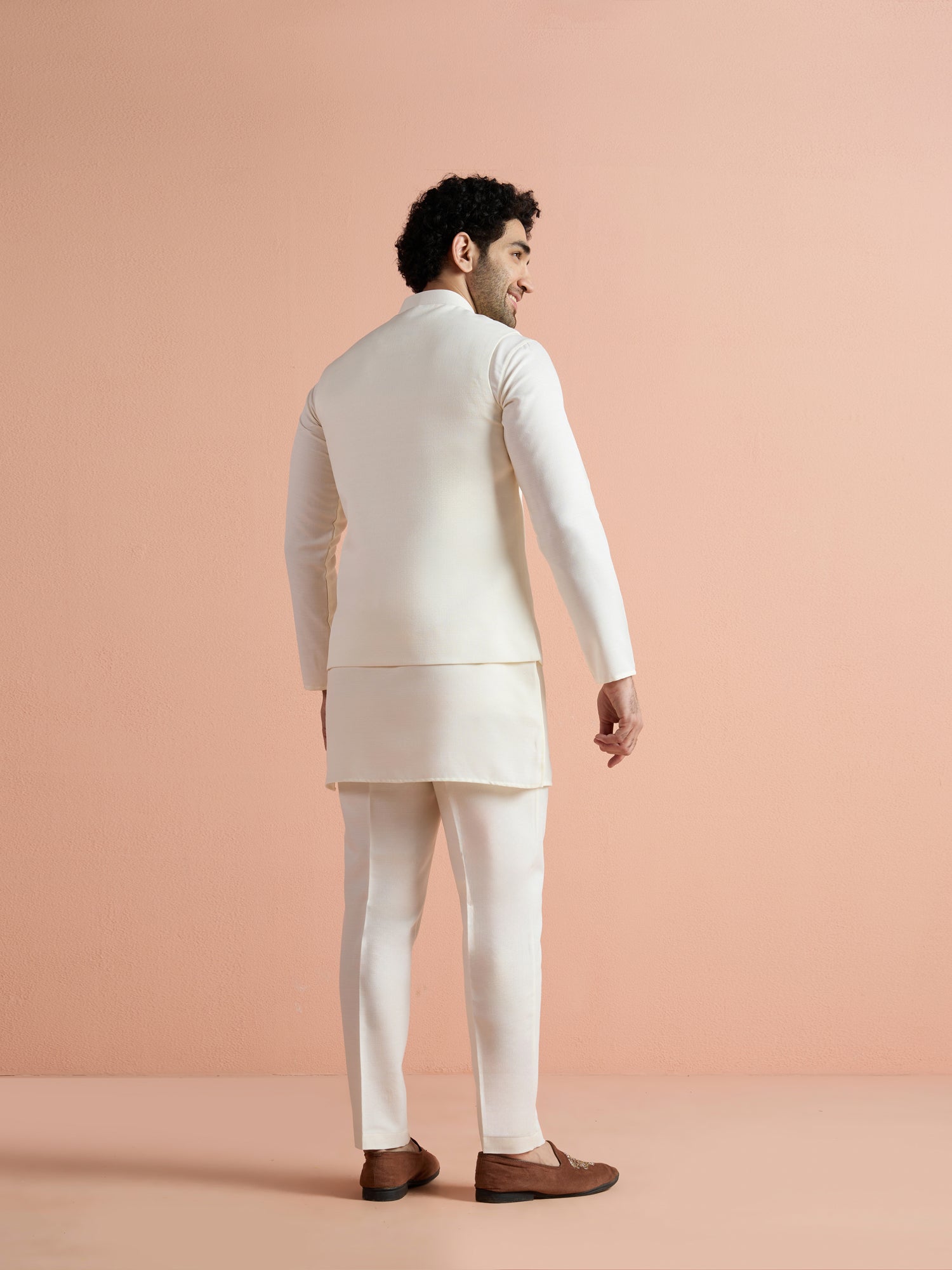 Off White Poly Viscose Solid Mid Kurta Jacket Trouser Set