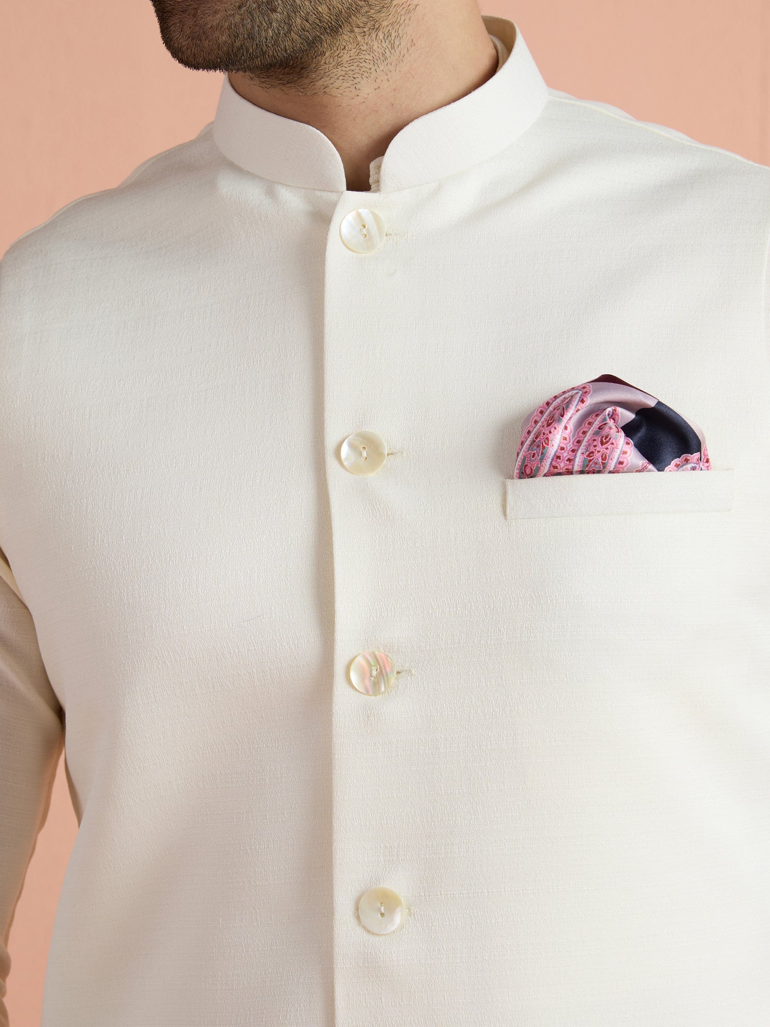 Off White Poly Viscose Solid Mid Kurta Jacket Trouser Set