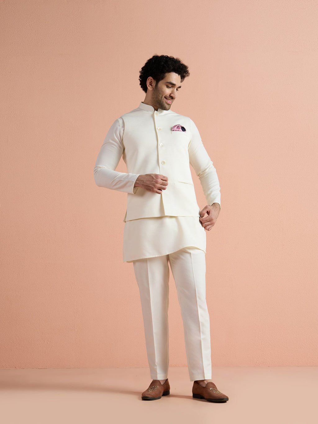 Off White Poly Viscose Solid Mid Kurta Jacket Trouser Set