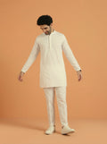 Off White Poly Viscose Solid Mid Kurta Trouser Set