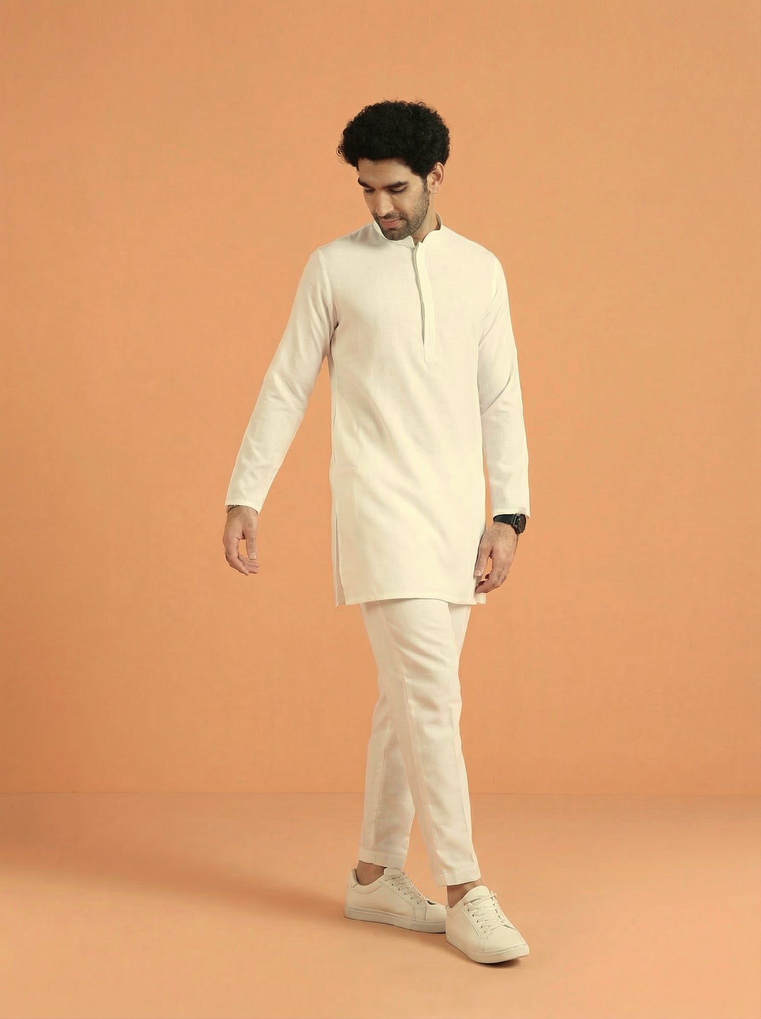 Off White Poly Viscose Solid Mid Kurta Trouser Set
