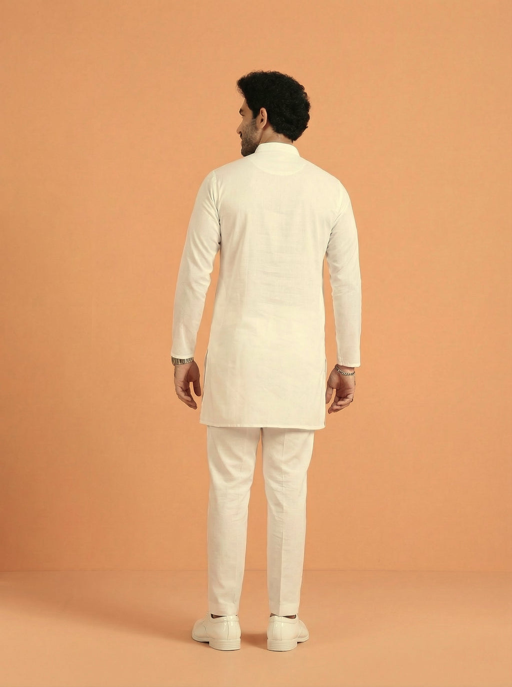 Off White Poly Viscose Solid Mid Kurta Trouser Set