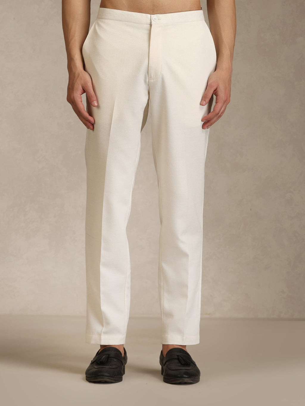 Off White Poly Viscose Solid Mid Kurta Trouser Set