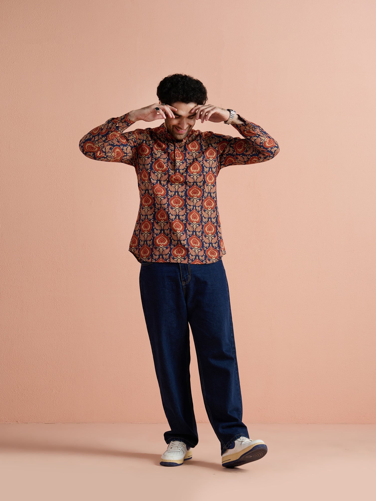 Blue Cotton Printed Short Kurta