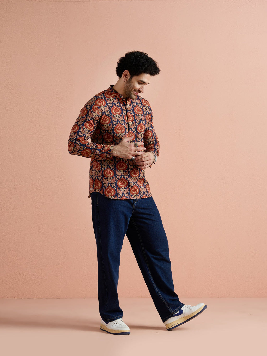 Blue Cotton Printed Short Kurta