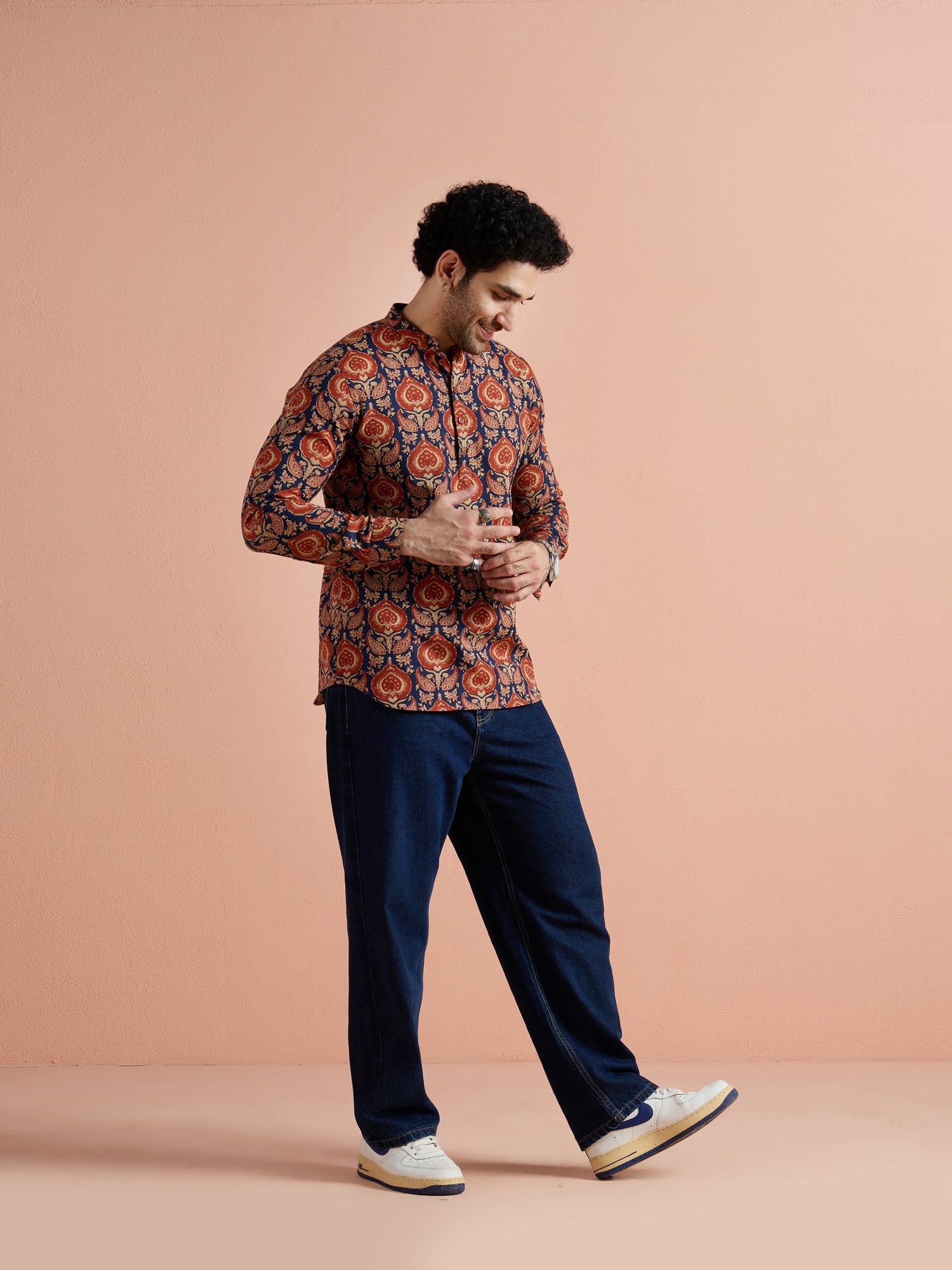 Blue Cotton Printed Short Kurta