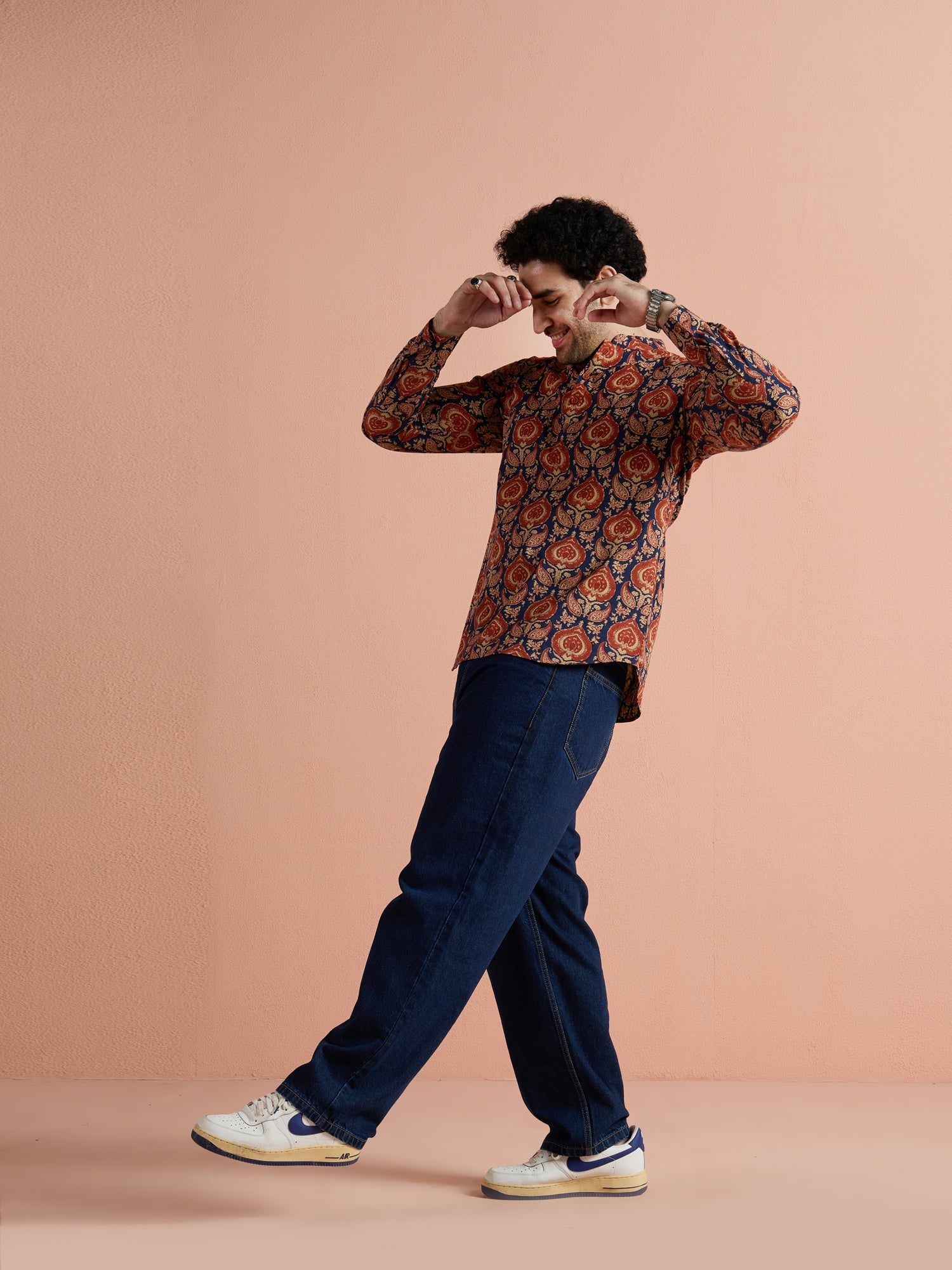 Blue Cotton Printed Short Kurta