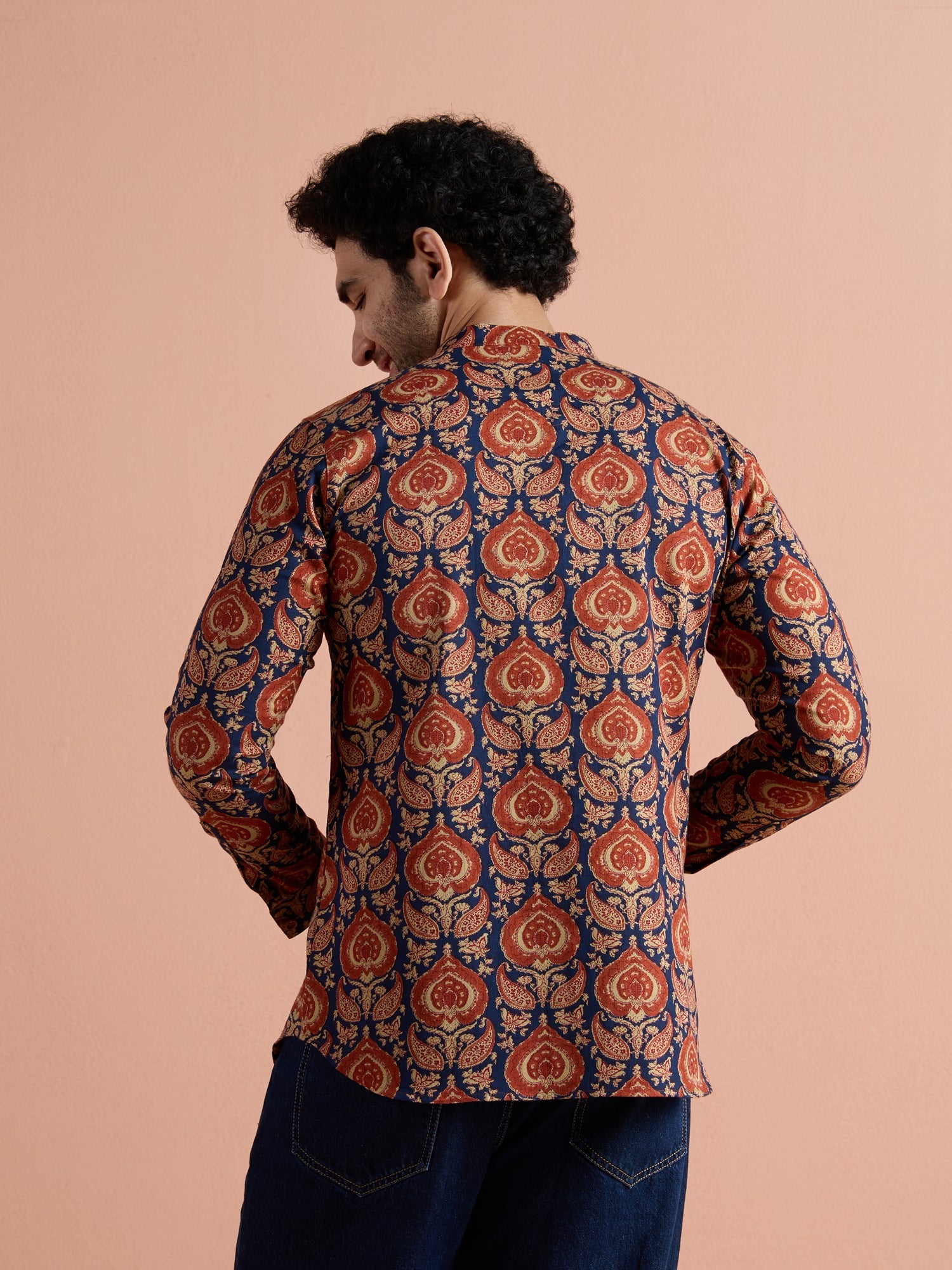 Blue Cotton Printed Short Kurta