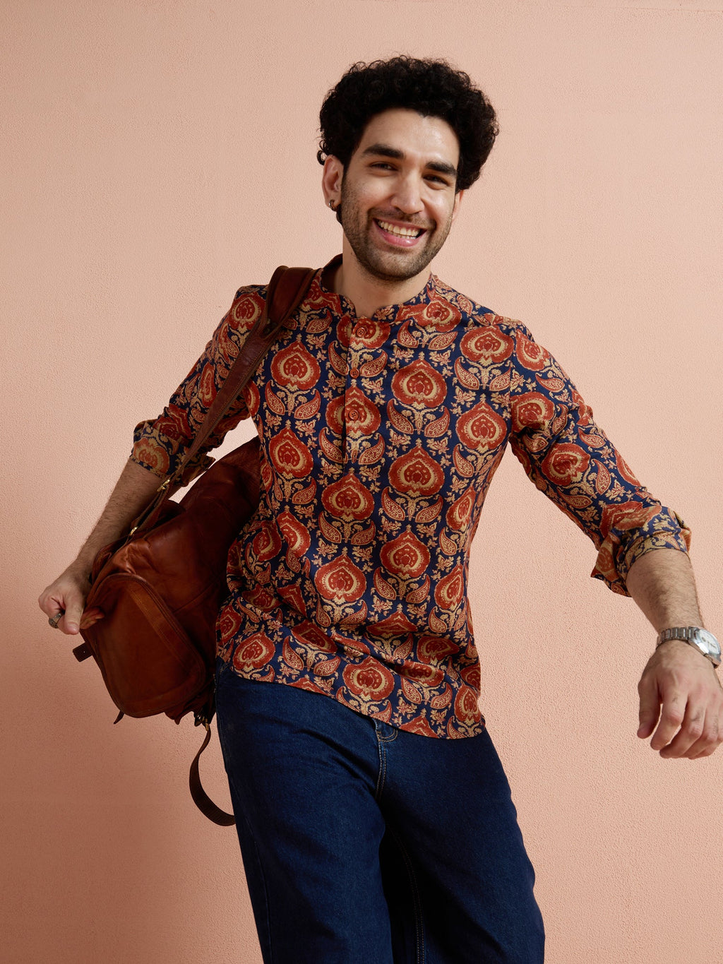 Blue Cotton Printed Short Kurta