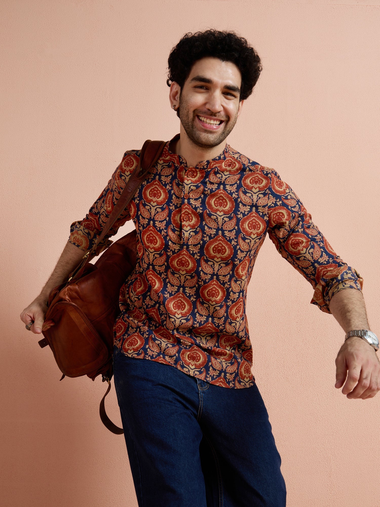 Blue Cotton Printed Short Kurta