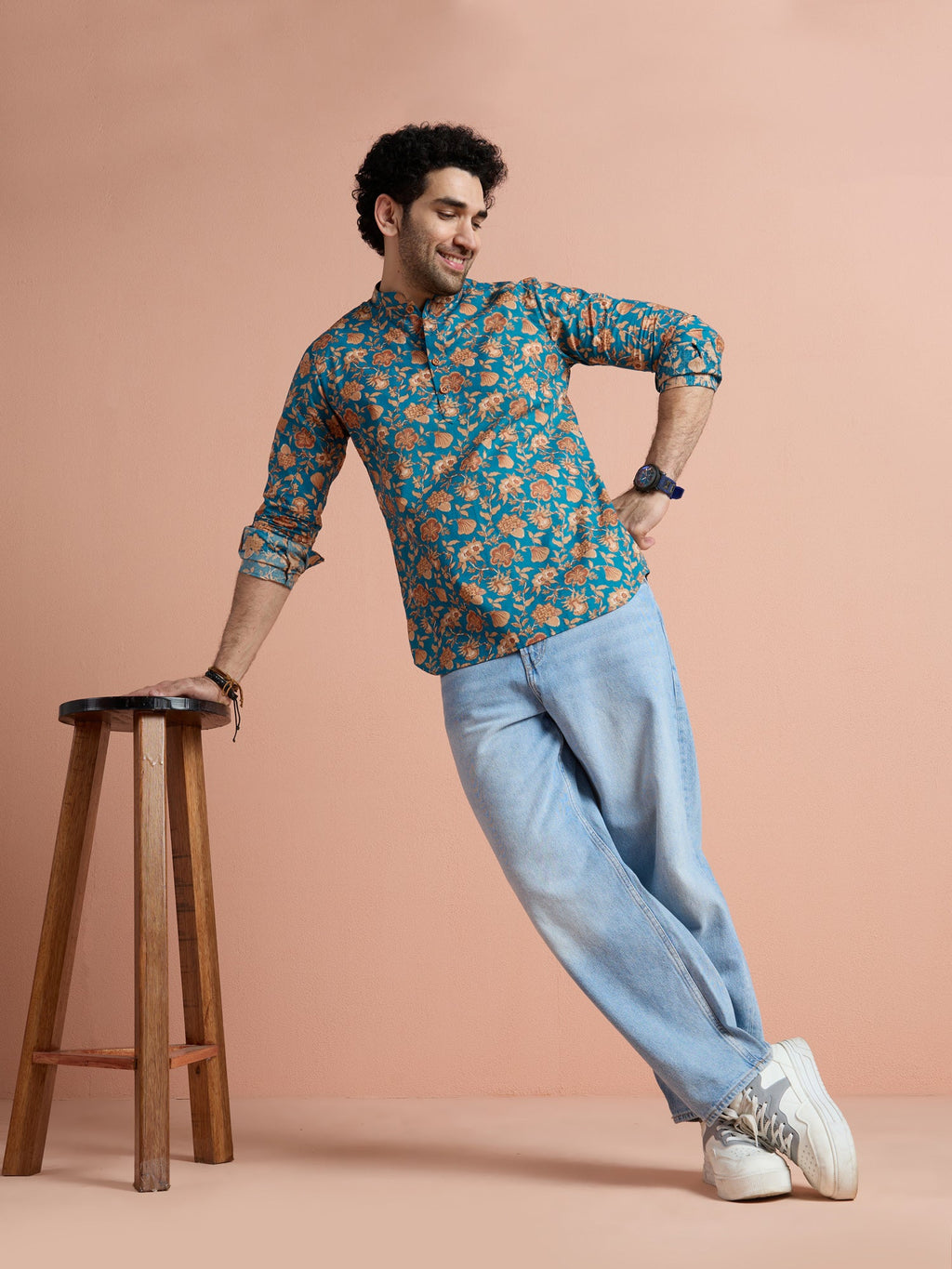 Blue Cotton Printed Short Kurta