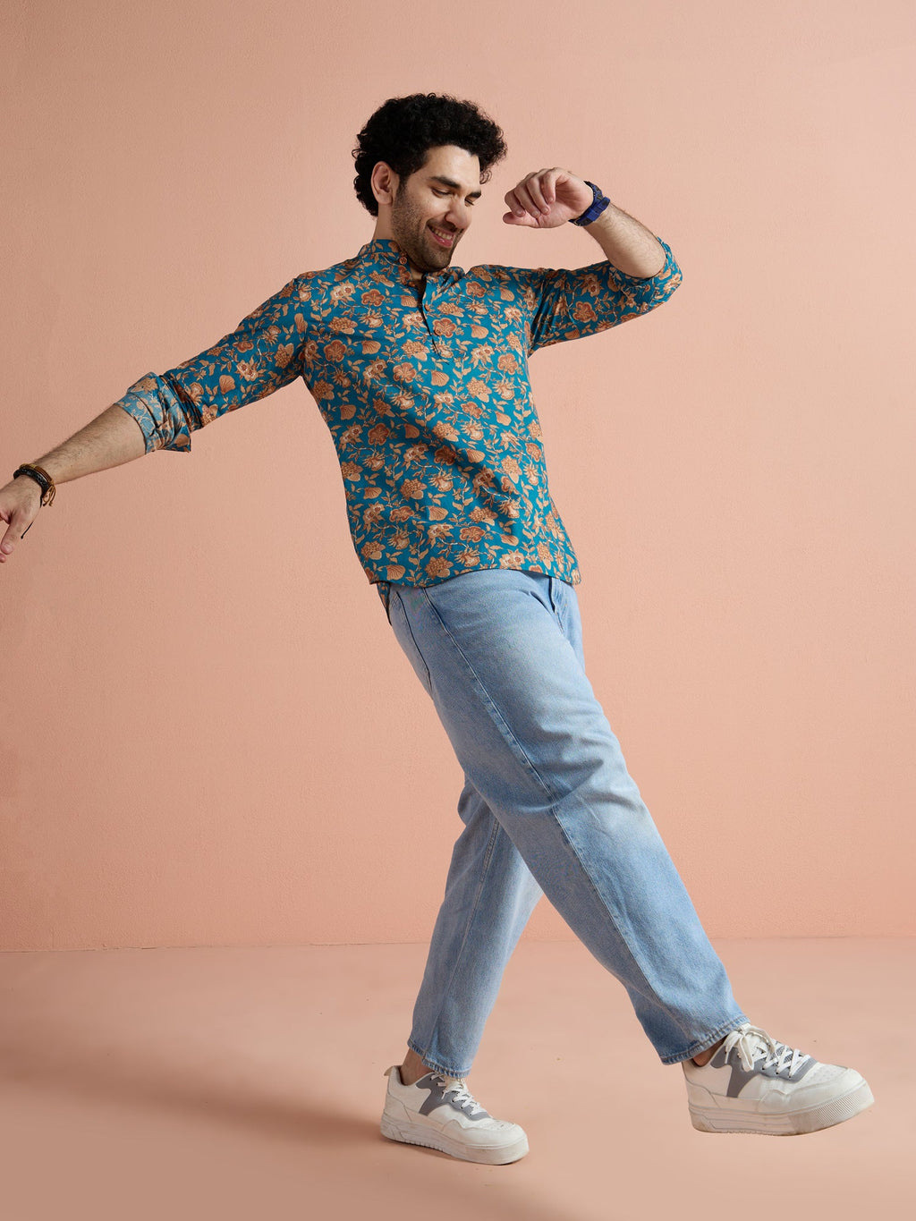 Blue Cotton Printed Short Kurta