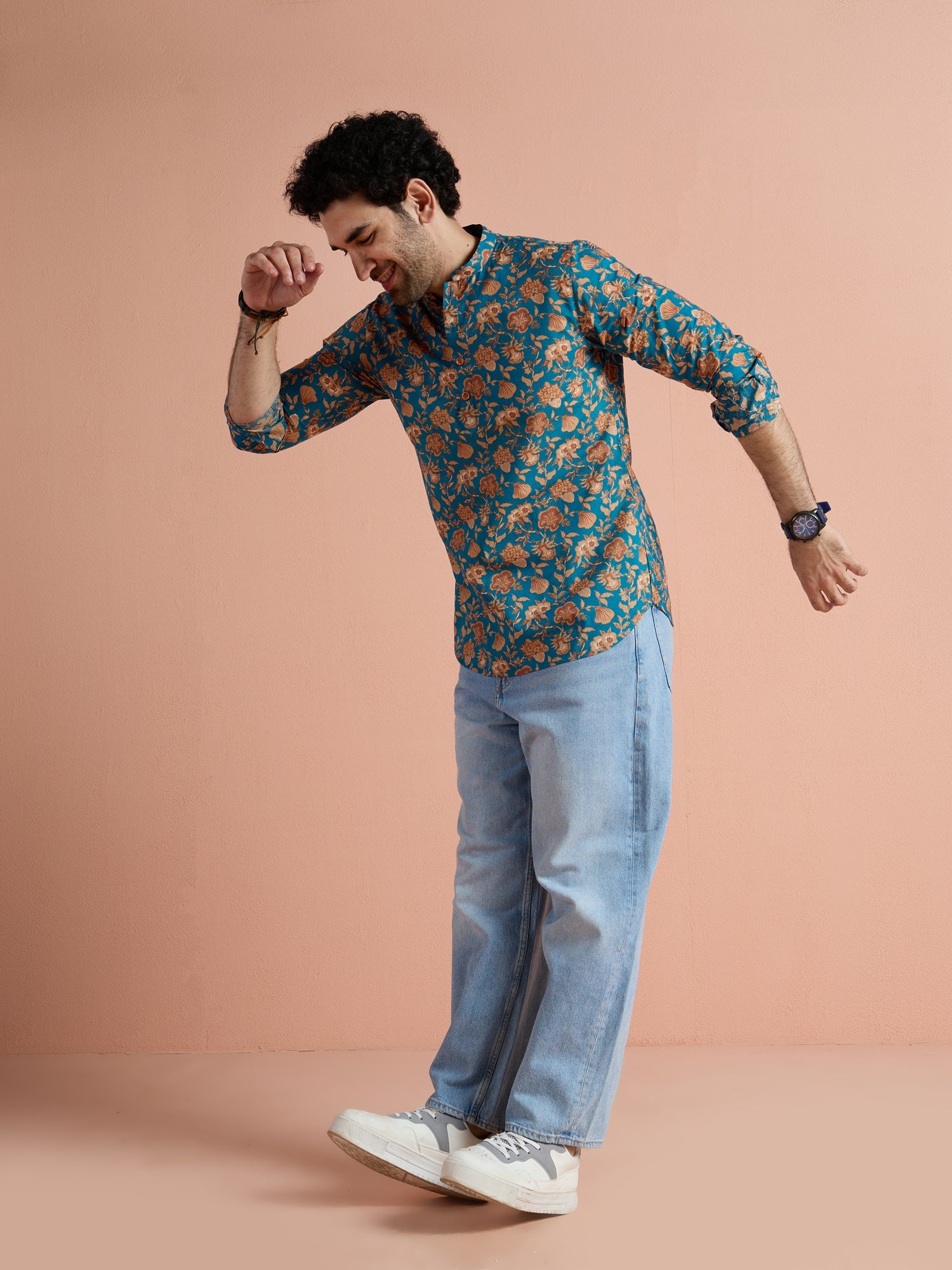 Blue Cotton Printed Short Kurta