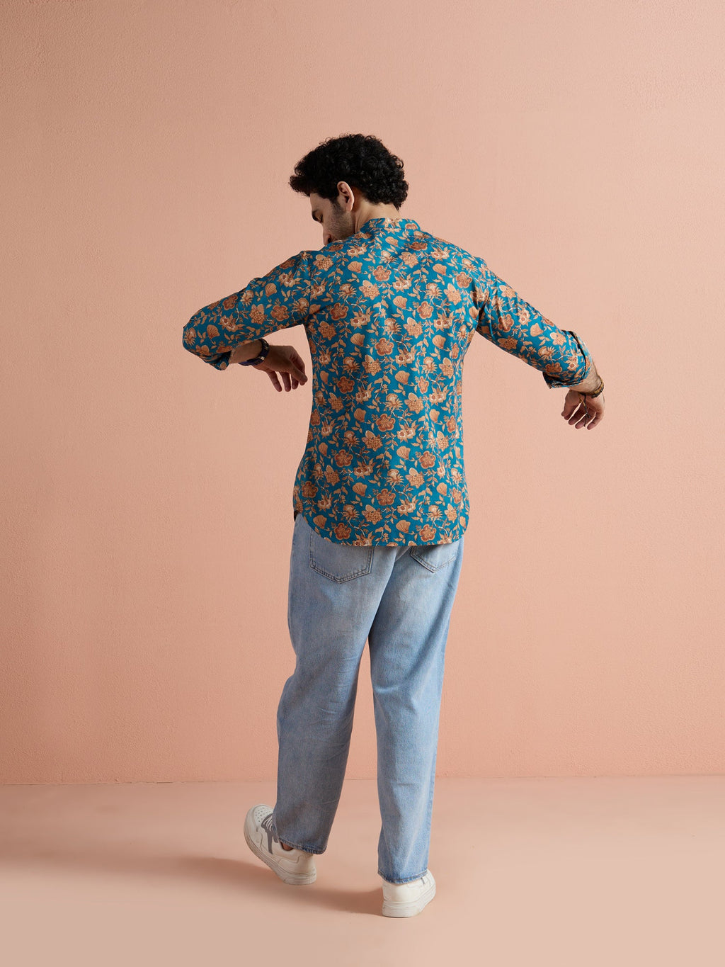 Blue Cotton Printed Short Kurta