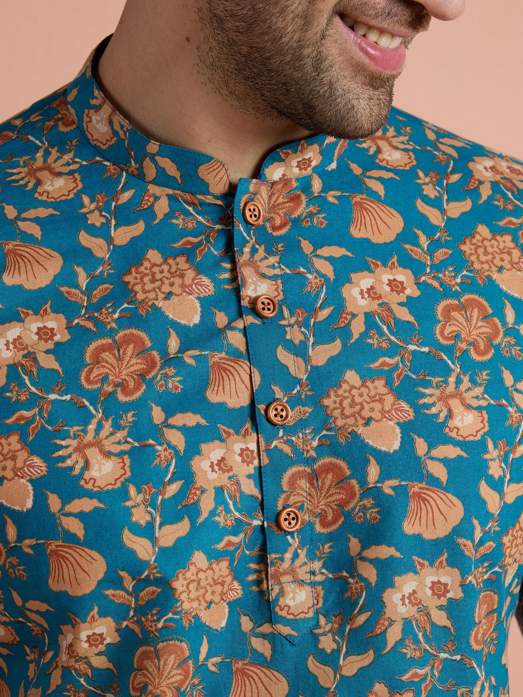 Blue Cotton Printed Short Kurta