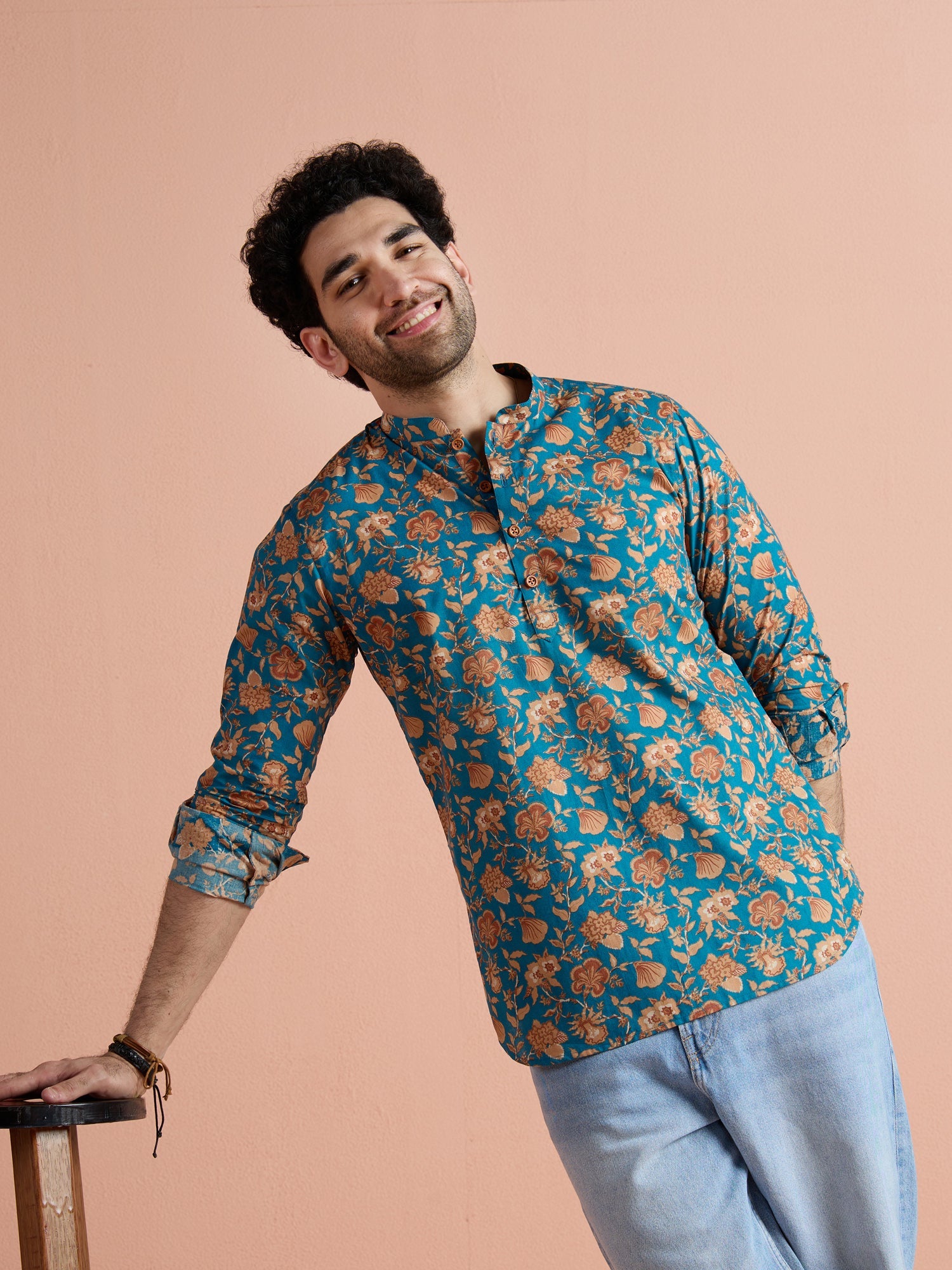 Blue Cotton Printed Short Kurta