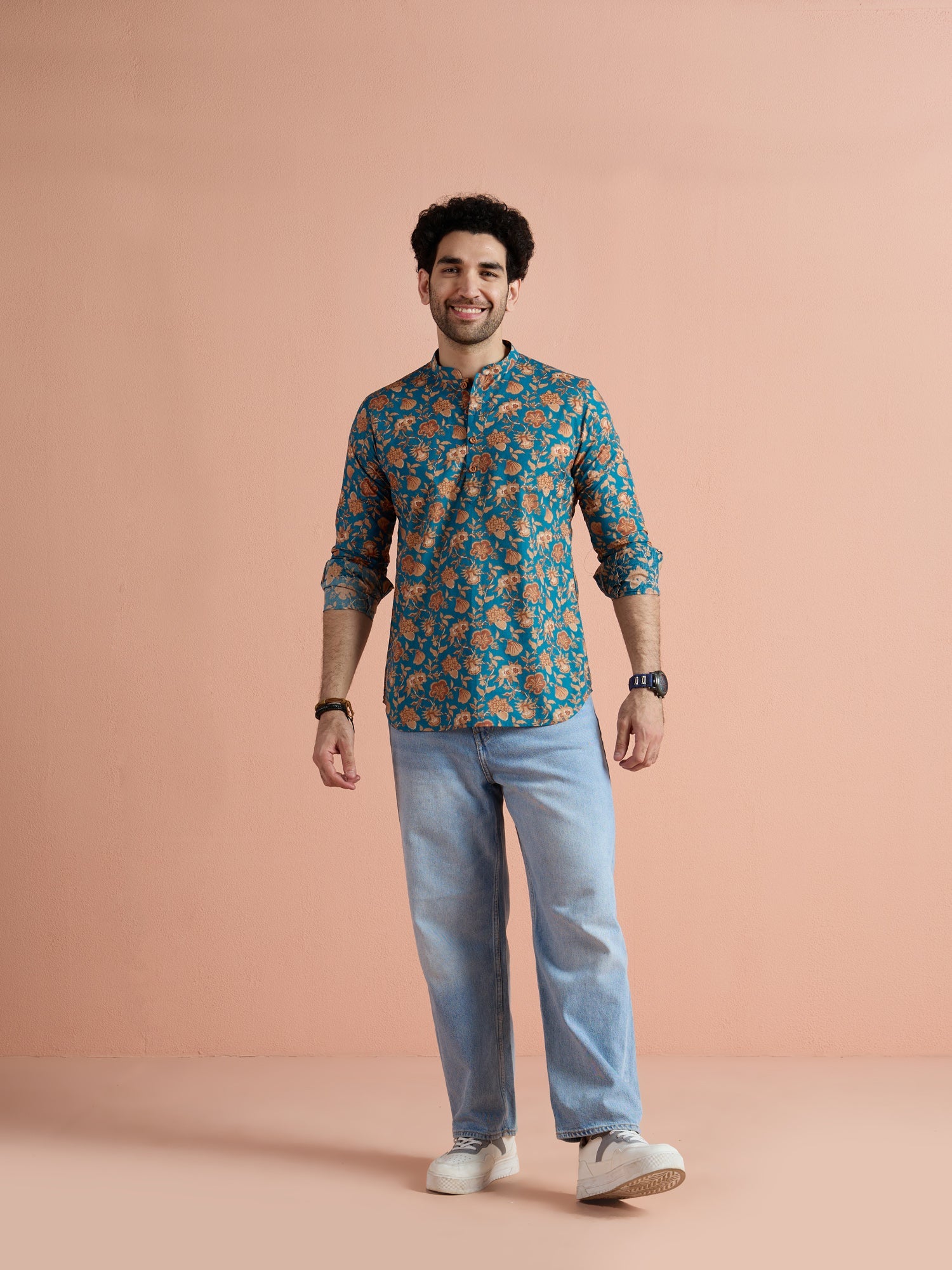 Blue Cotton Printed Short Kurta