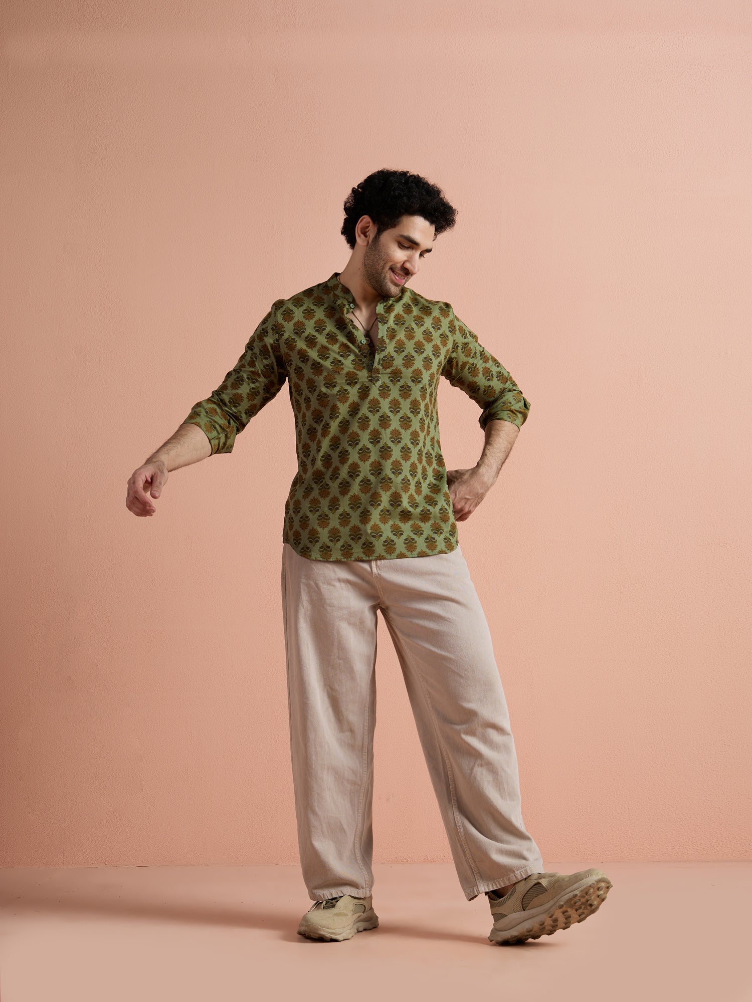 Green Cotton Printed Short Kurta