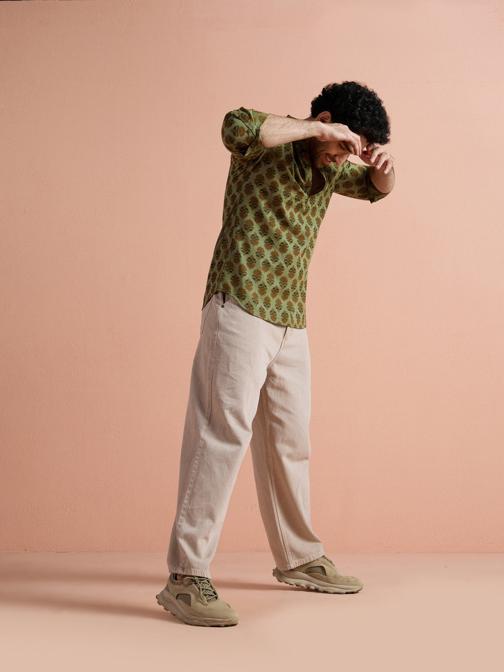 Green Cotton Printed Short Kurta