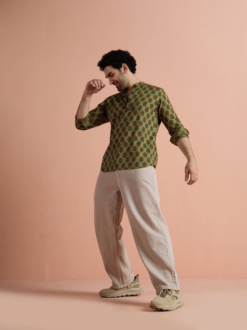 Green Cotton Printed Short Kurta