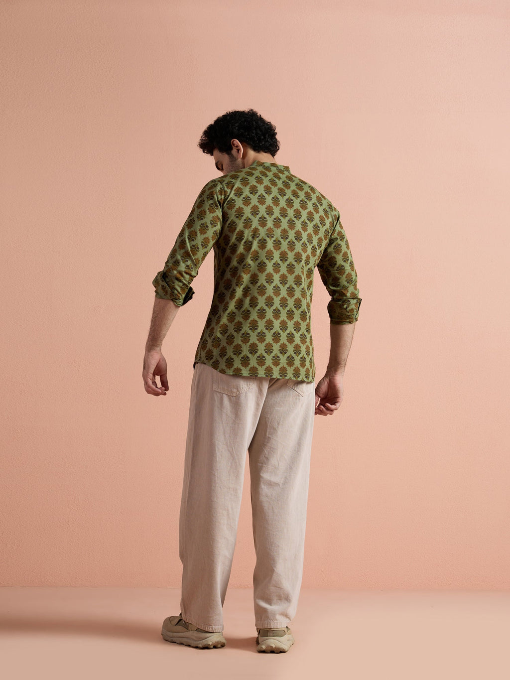 Green Cotton Printed Short Kurta
