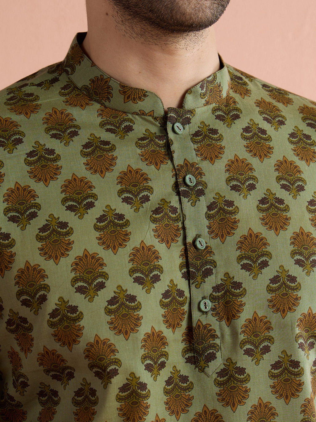 Green Cotton Printed Short Kurta
