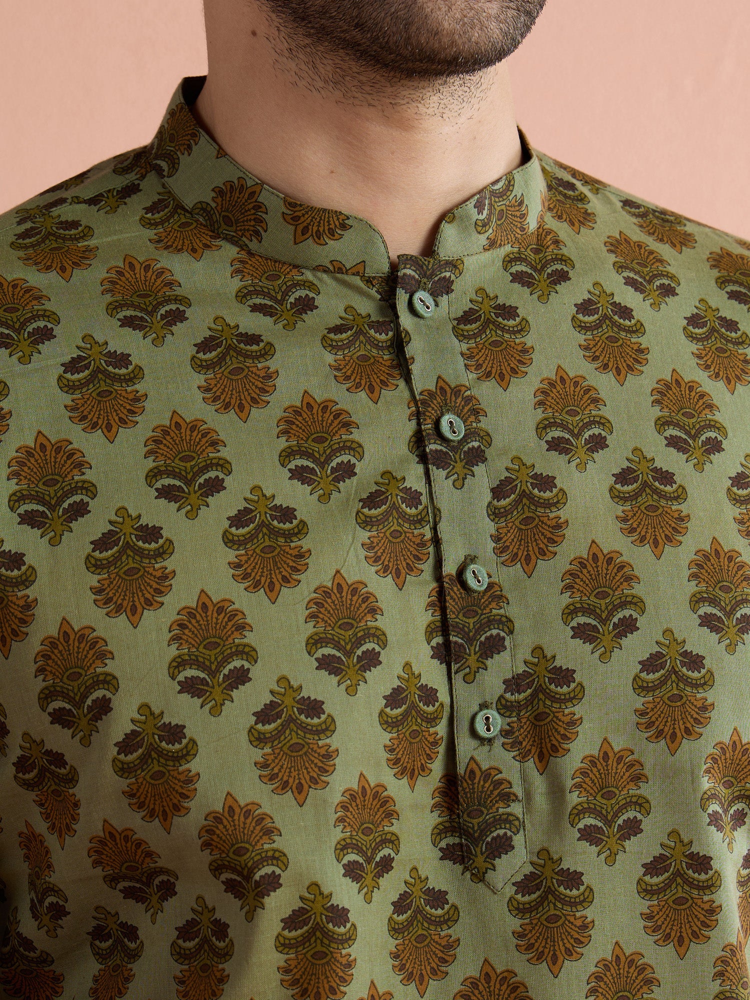 Green Cotton Printed Short Kurta