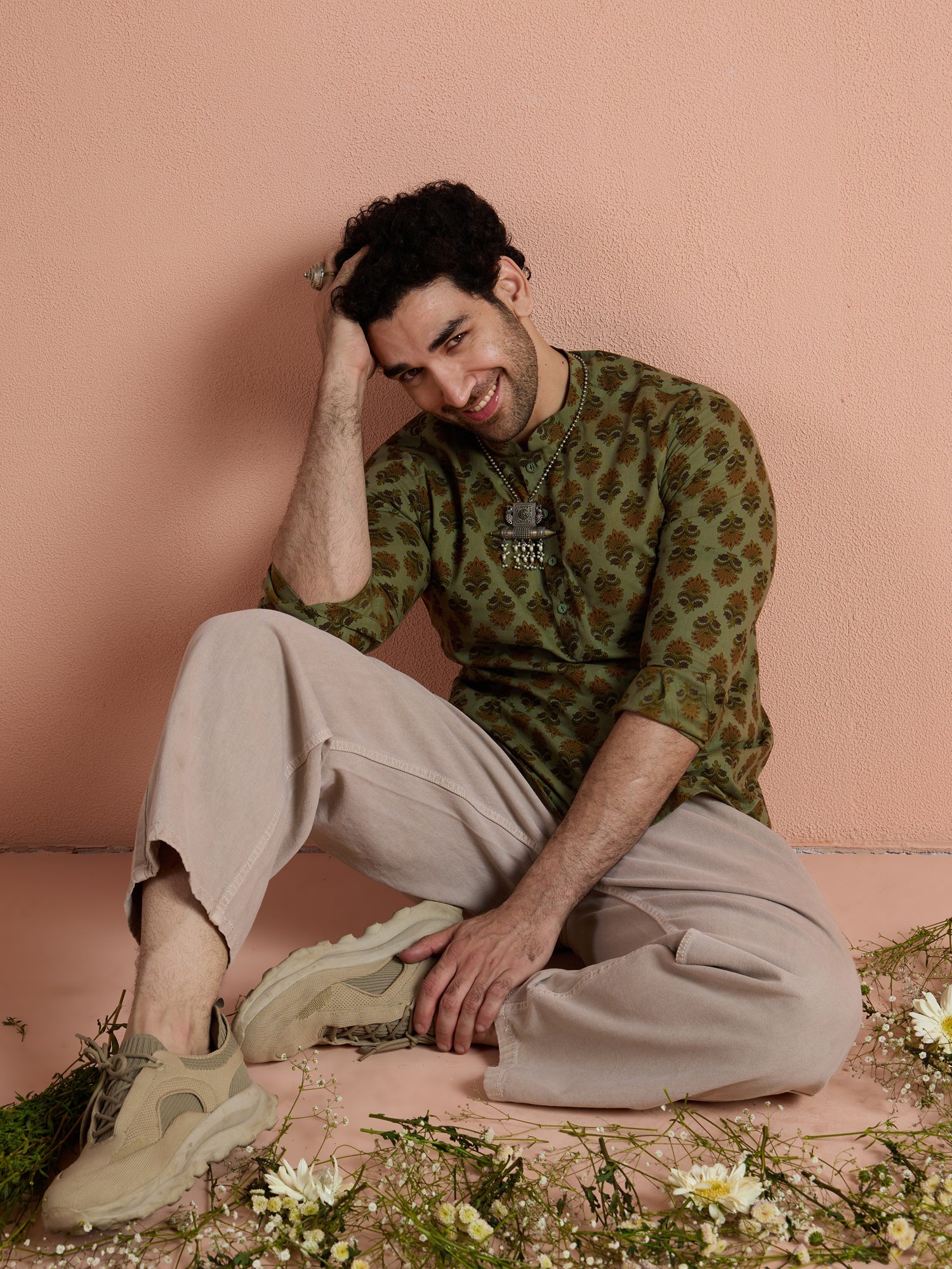 Green Cotton Printed Short Kurta