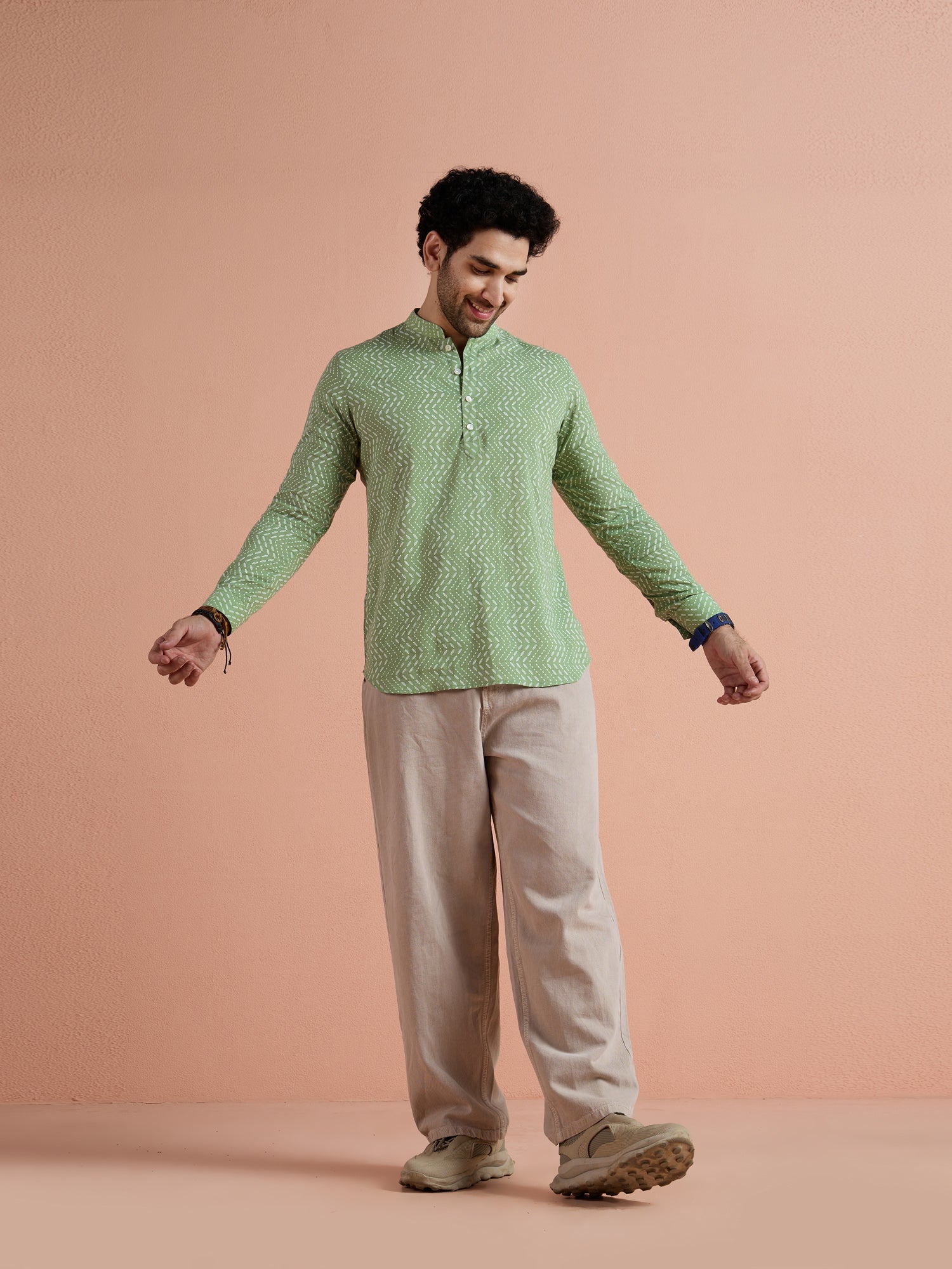 Green Cotton Printed Short Kurta