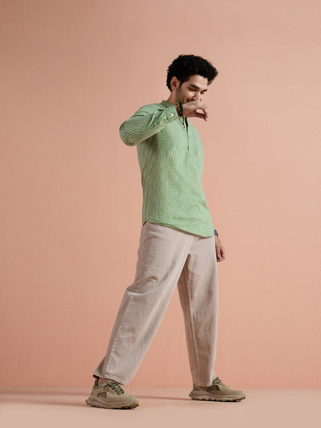 Green Cotton Printed Short Kurta