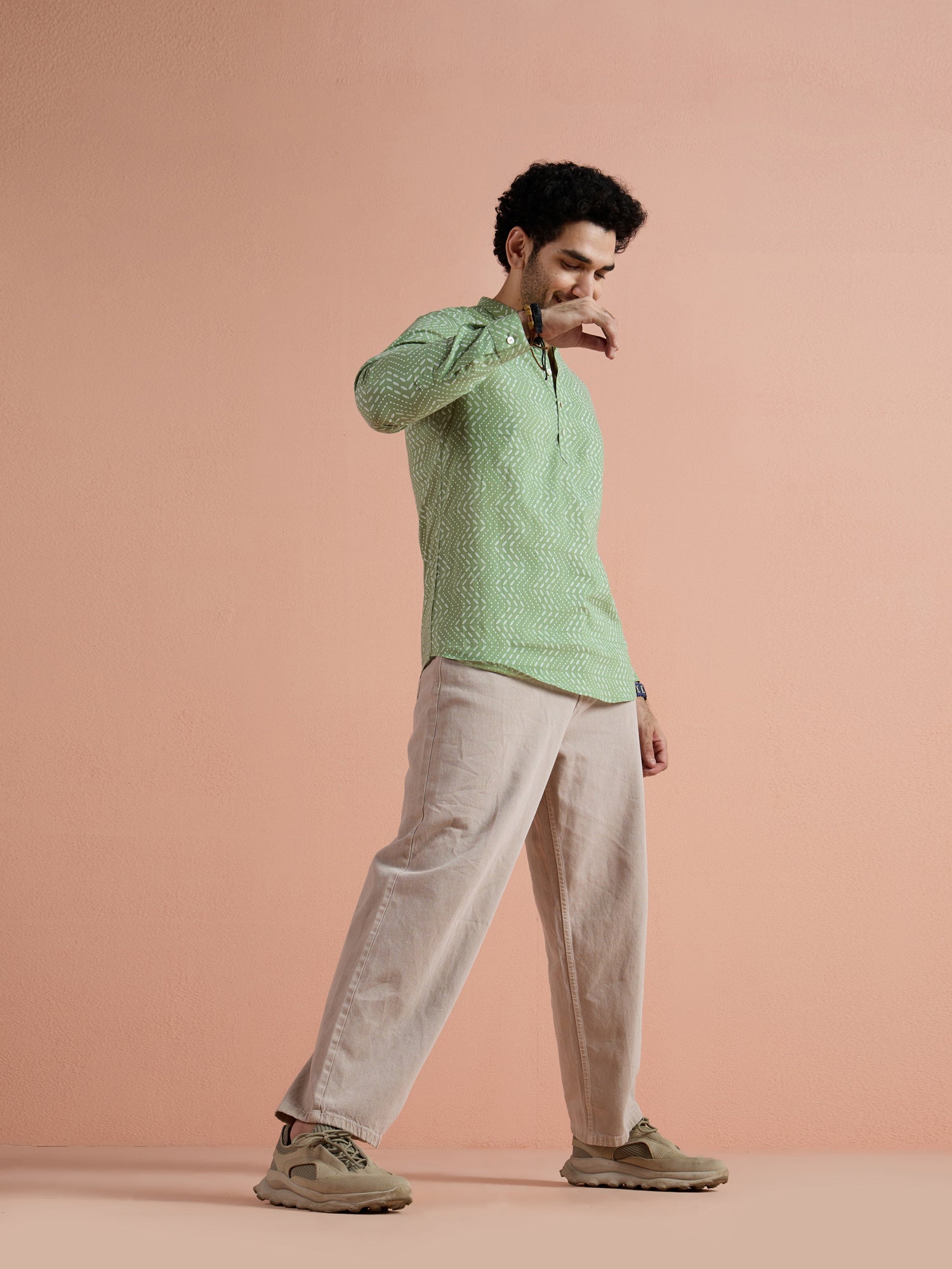 Green Cotton Printed Short Kurta