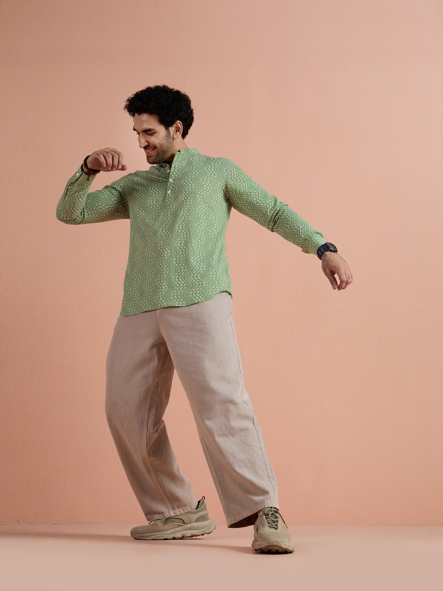 Green Cotton Printed Short Kurta