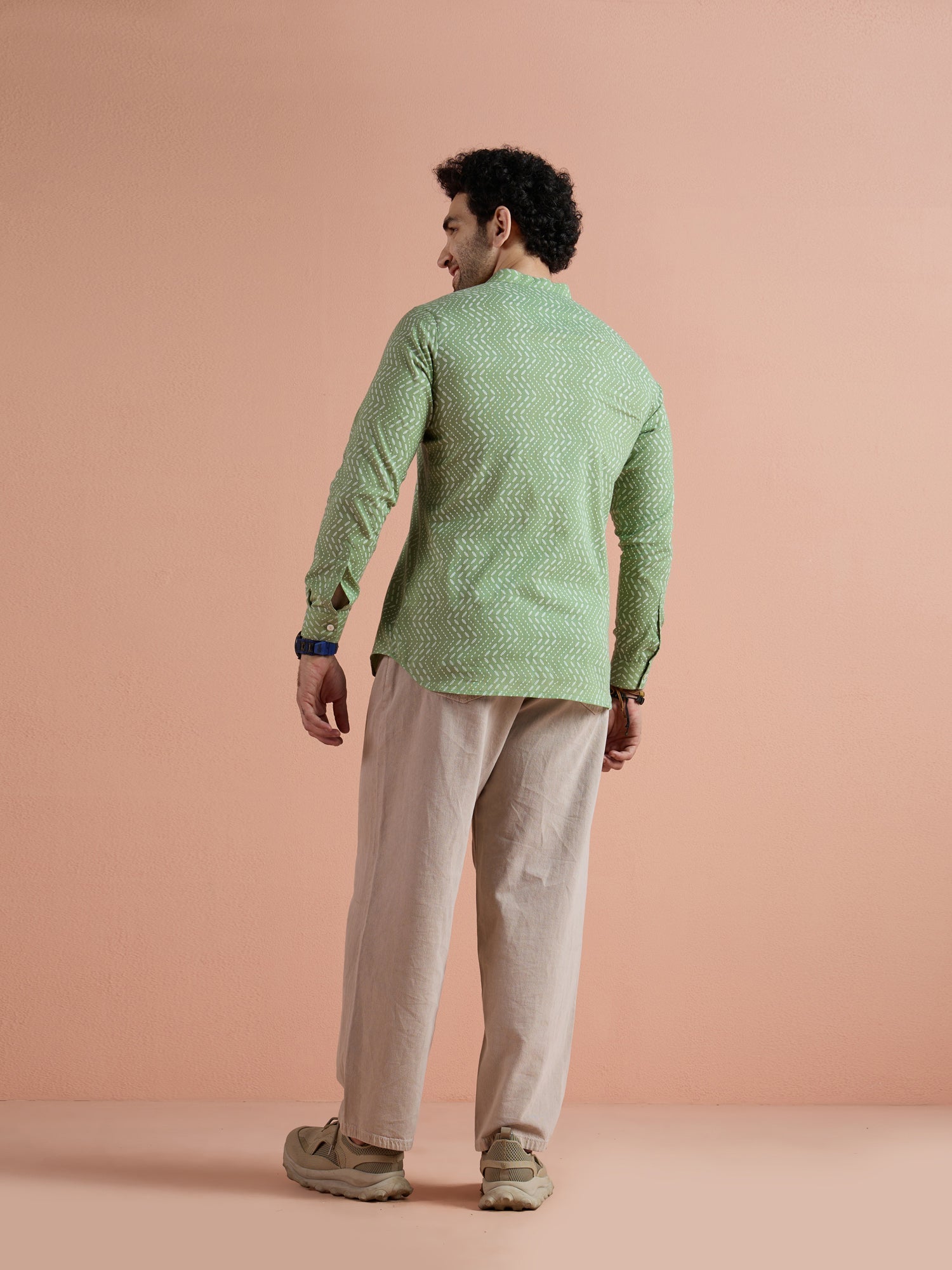 Green Cotton Printed Short Kurta
