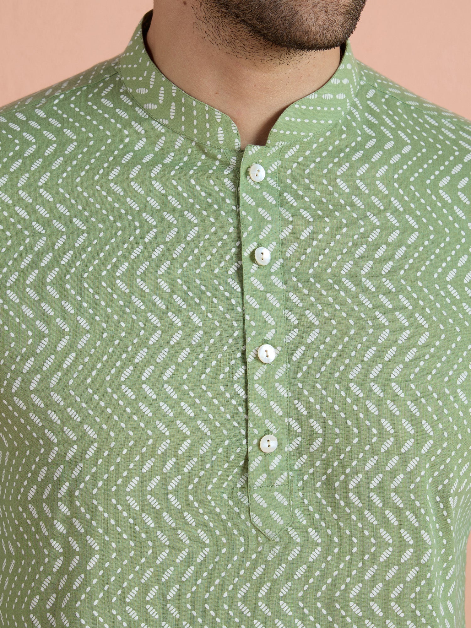 Green Cotton Printed Short Kurta