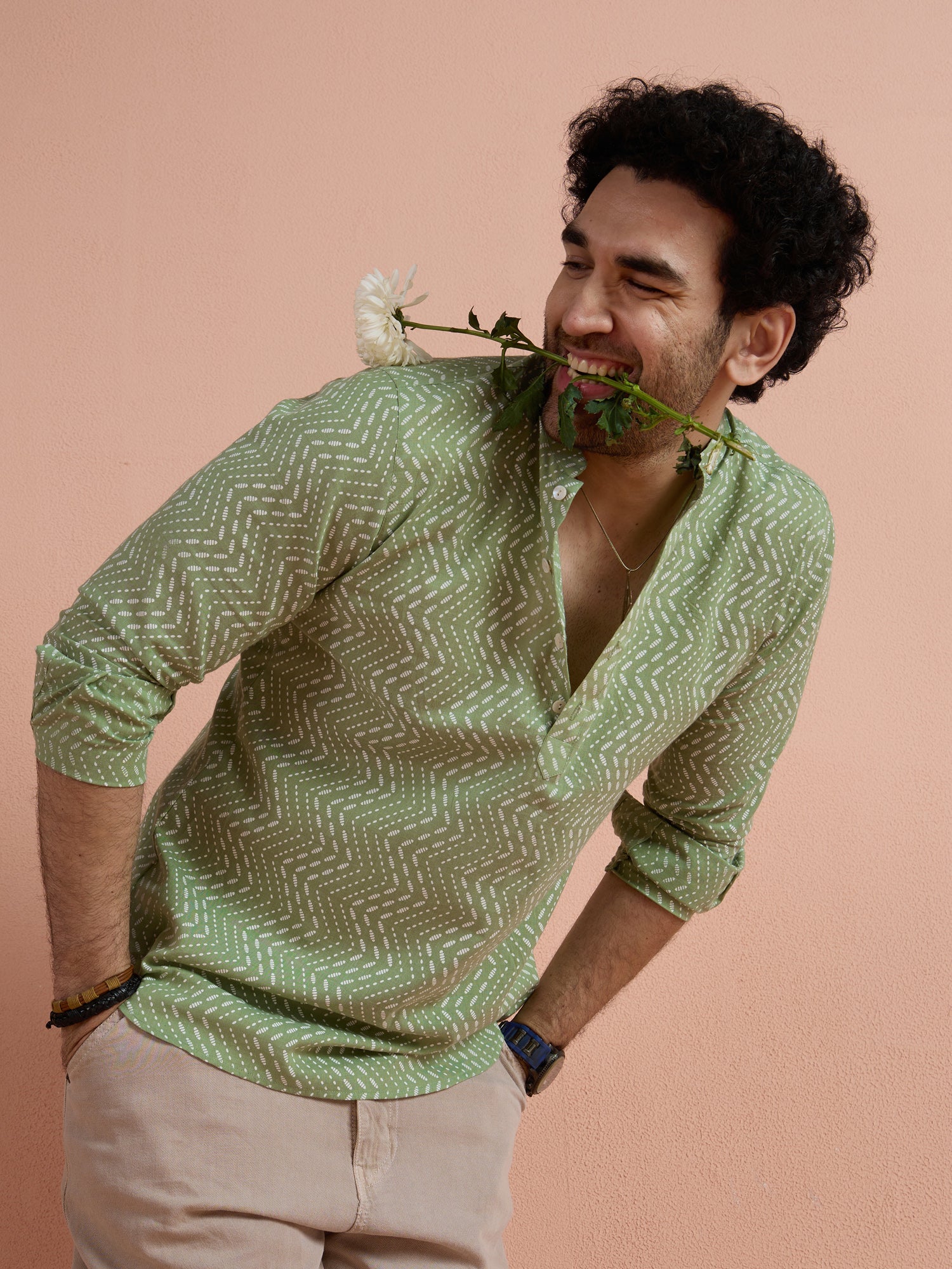 Green Cotton Printed Short Kurta