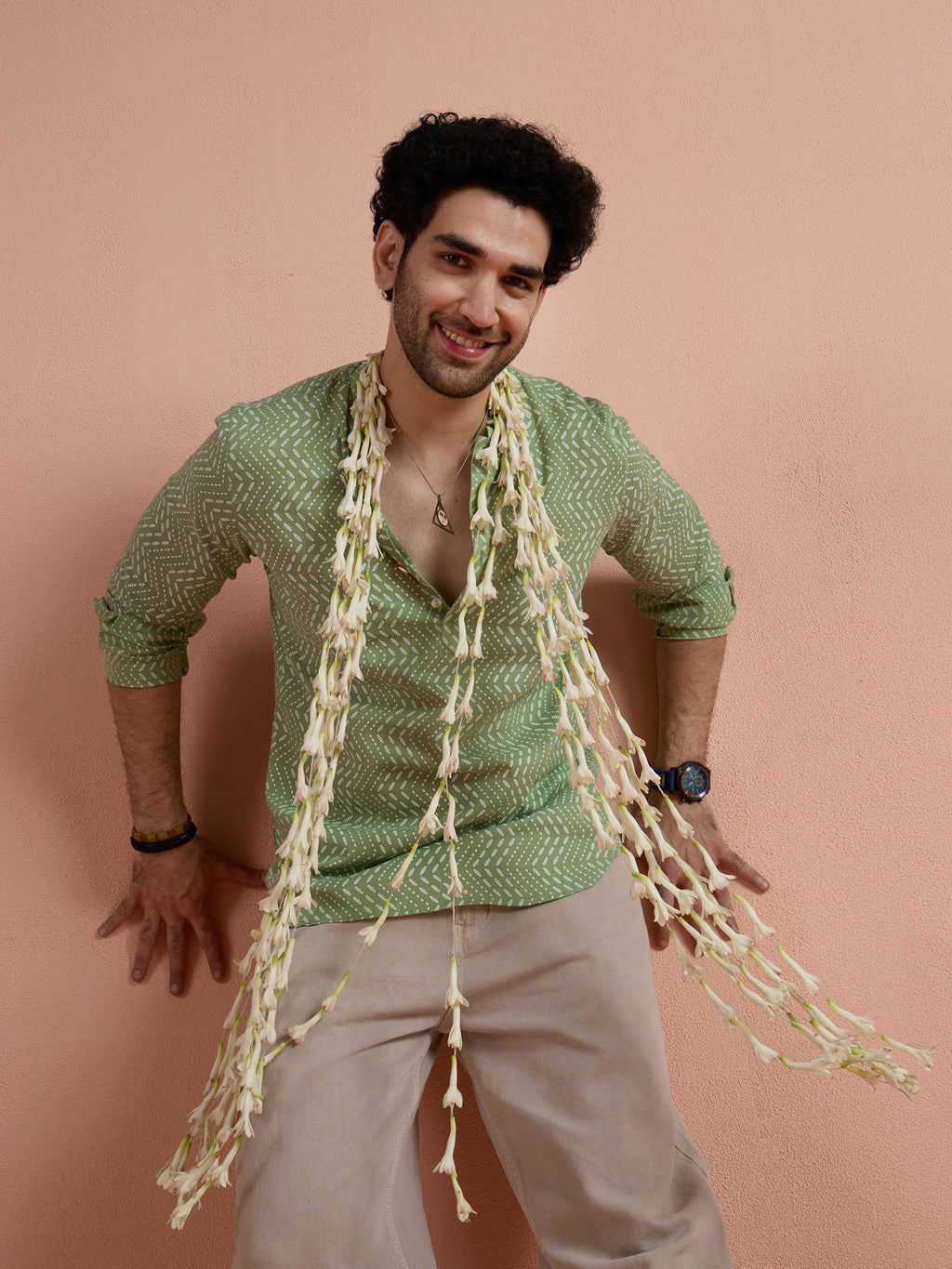 Green Cotton Printed Short Kurta