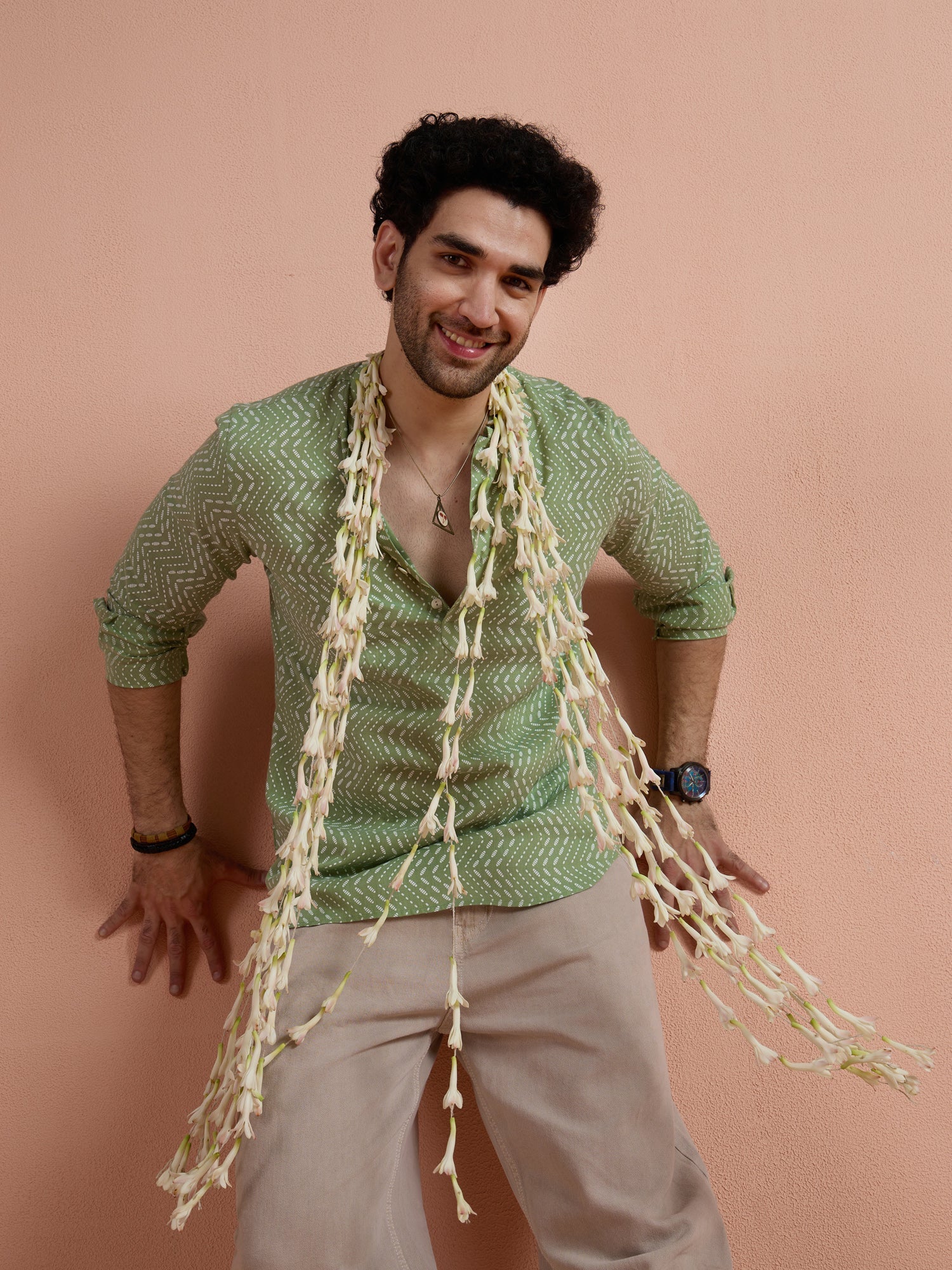 Green Cotton Printed Short Kurta