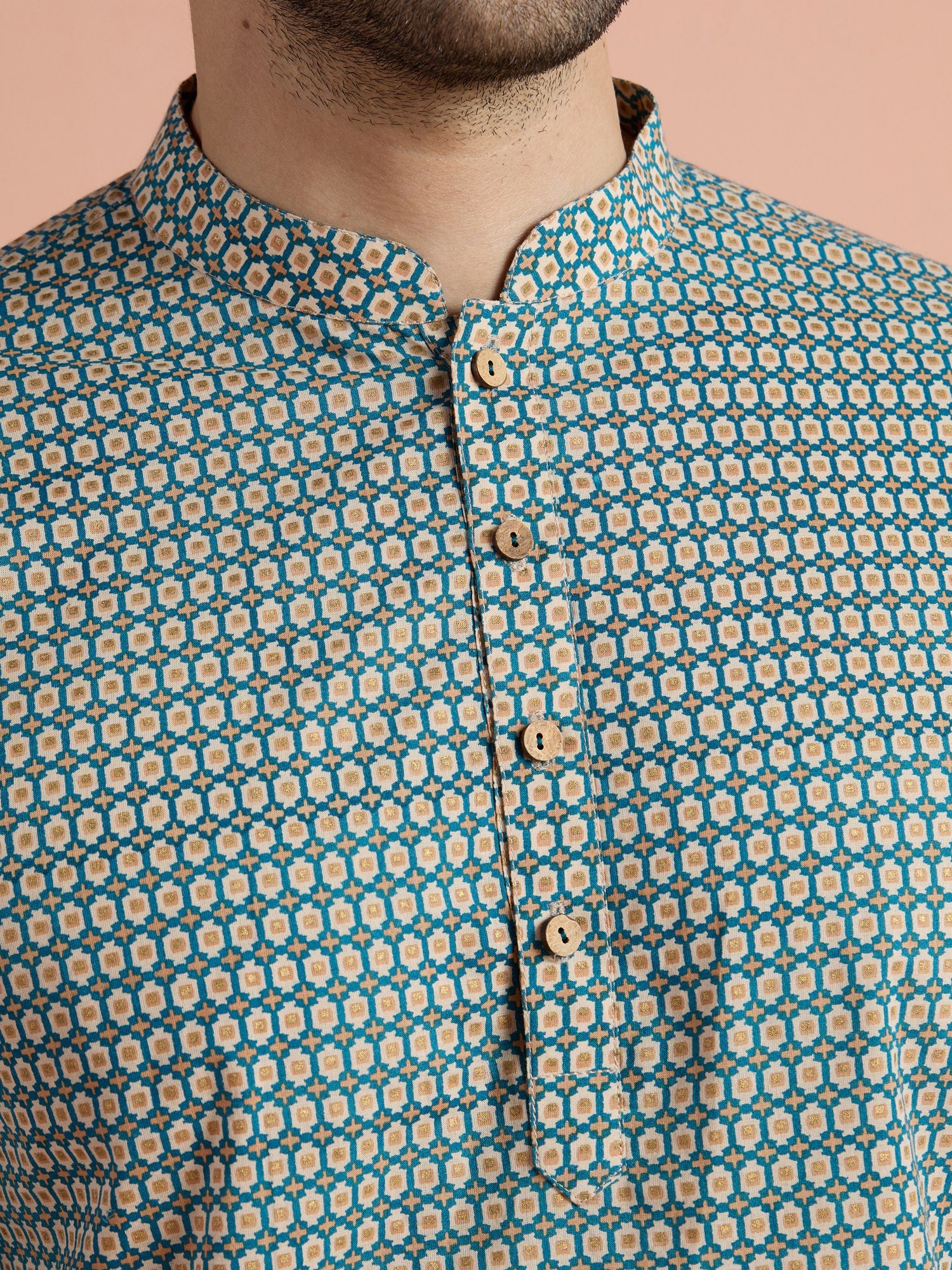 Blue Cotton Printed Short Kurta