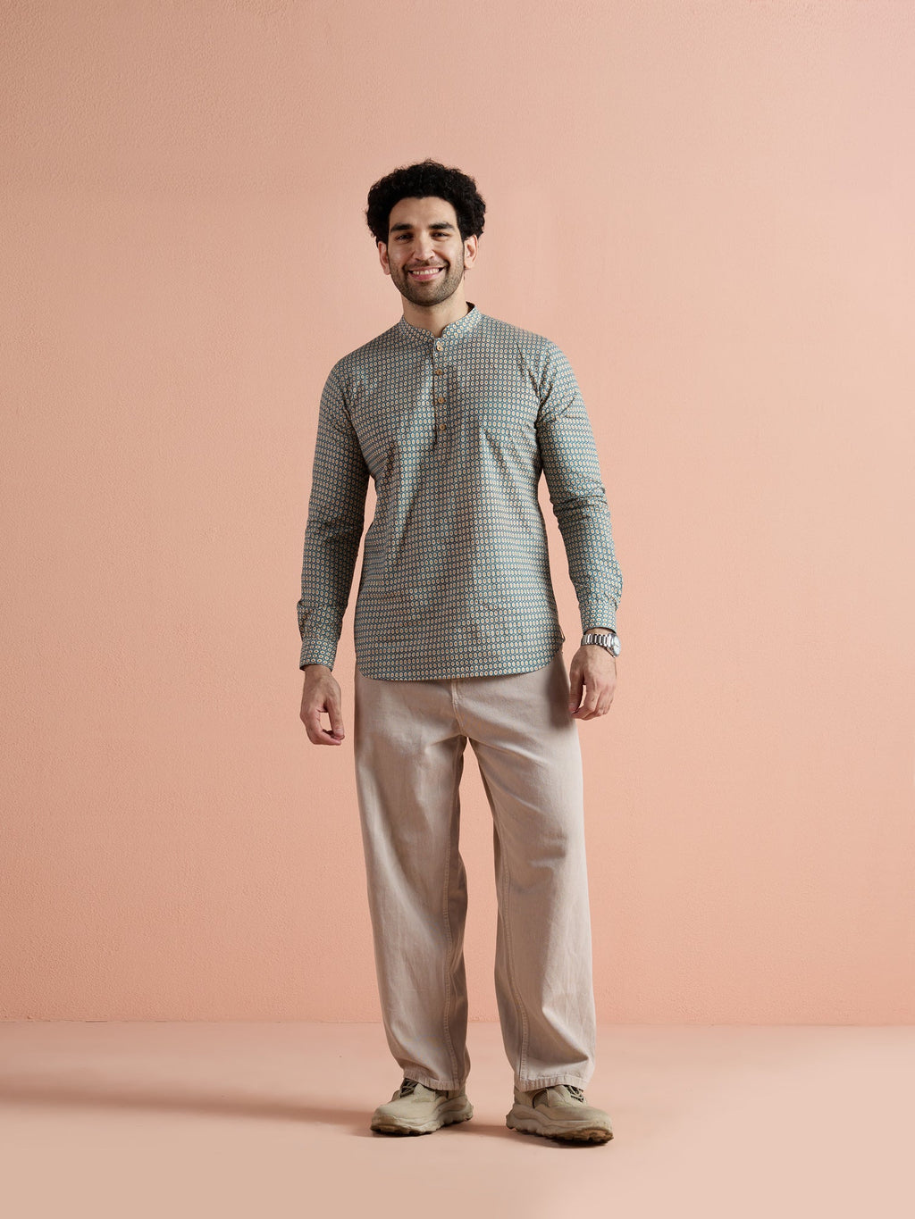 Blue Cotton Printed Short Kurta