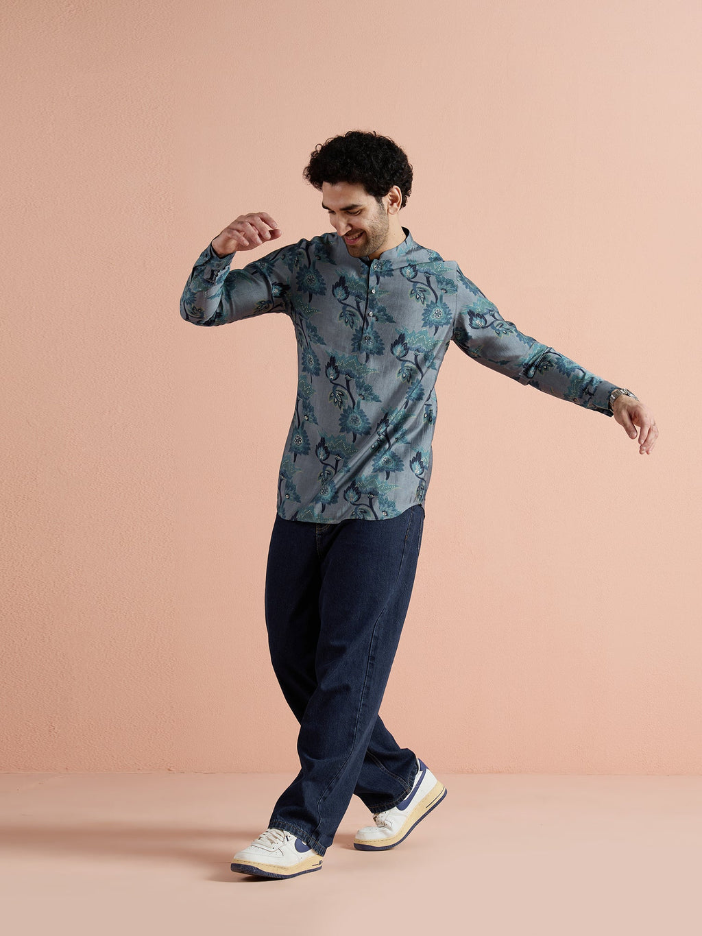 Grey Polyviscose Printed Short Kurta