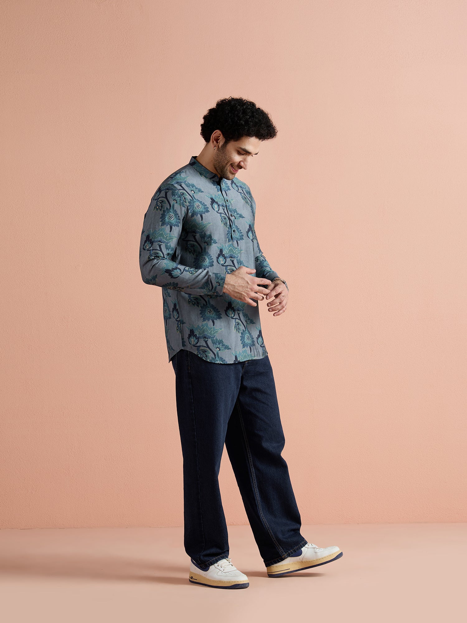 Grey Polyviscose Printed Short Kurta