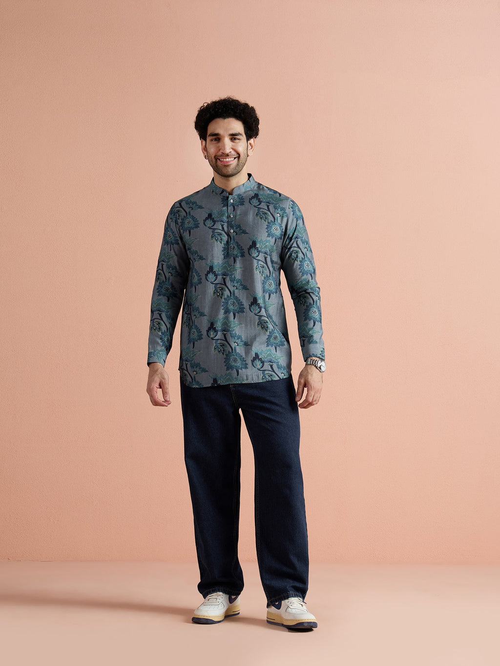 Grey Polyviscose Printed Short Kurta