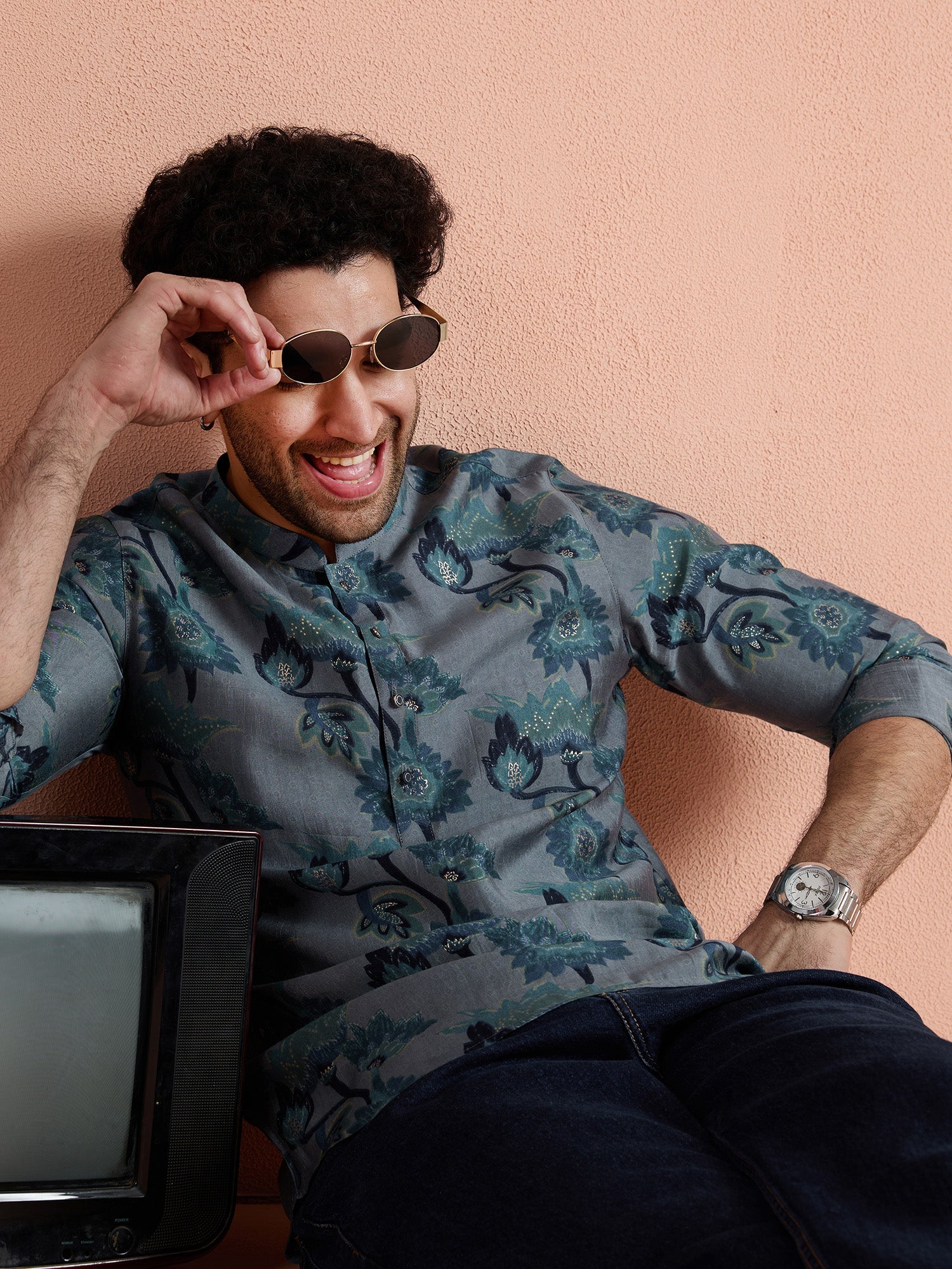 Grey Polyviscose Printed Short Kurta