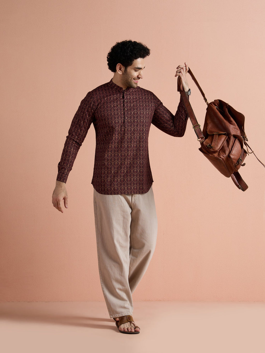 Maroon Cotton Printed Short Kurta