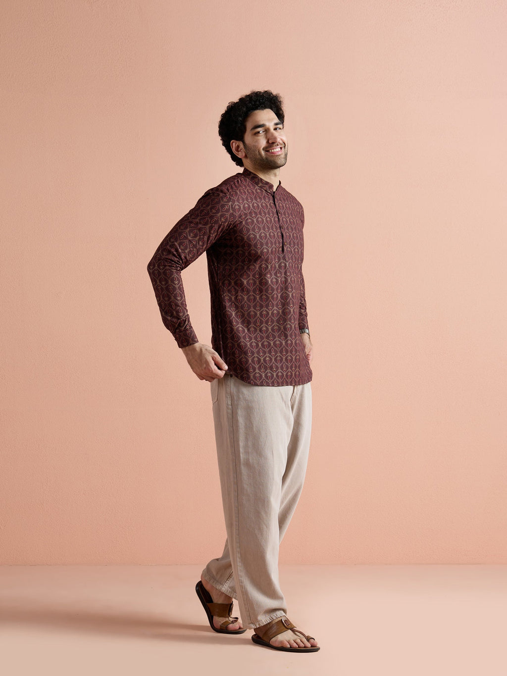 Maroon Cotton Printed Short Kurta
