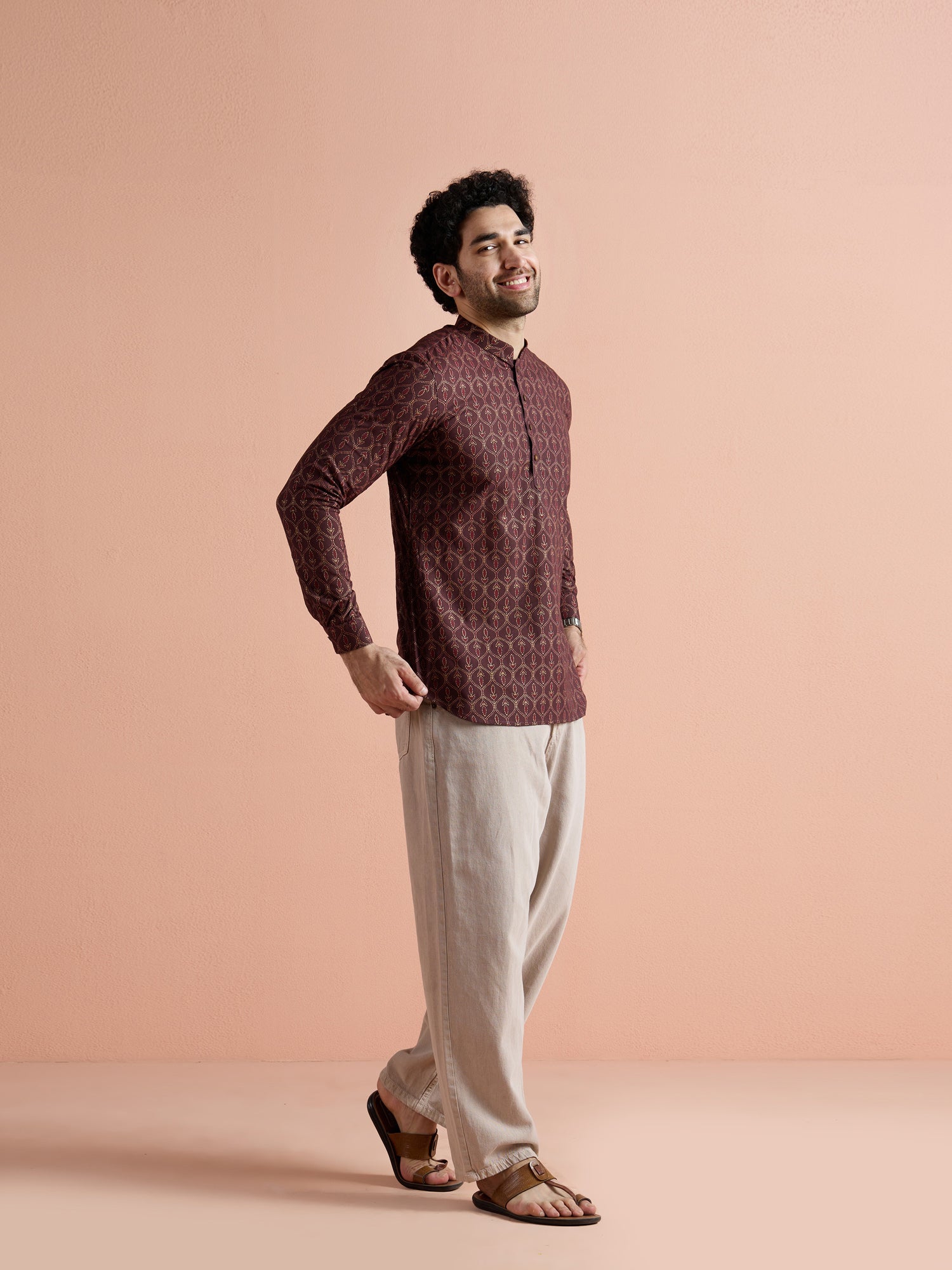Maroon Cotton Printed Short Kurta