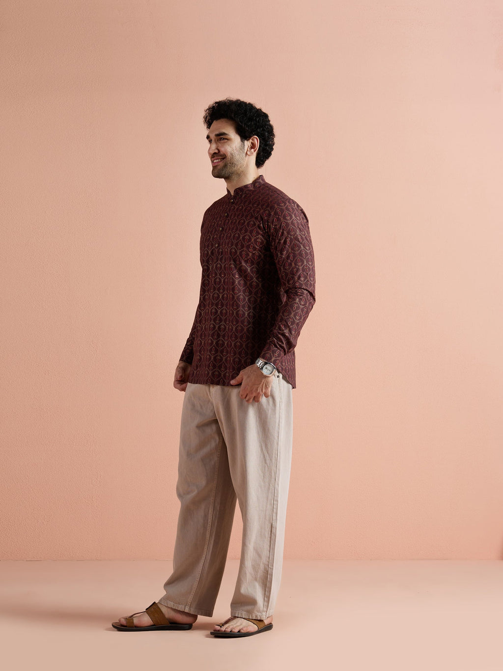 Maroon Cotton Printed Short Kurta