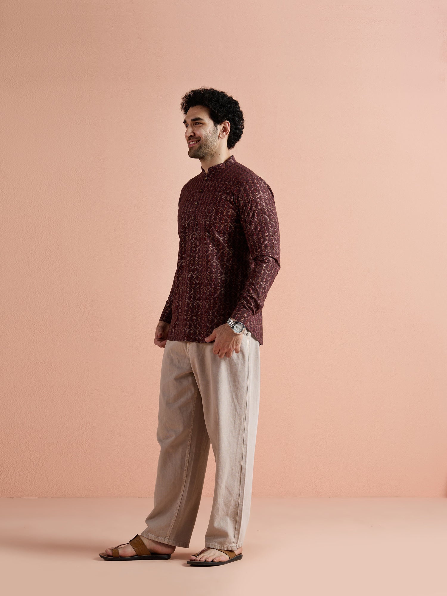 Maroon Cotton Printed Short Kurta