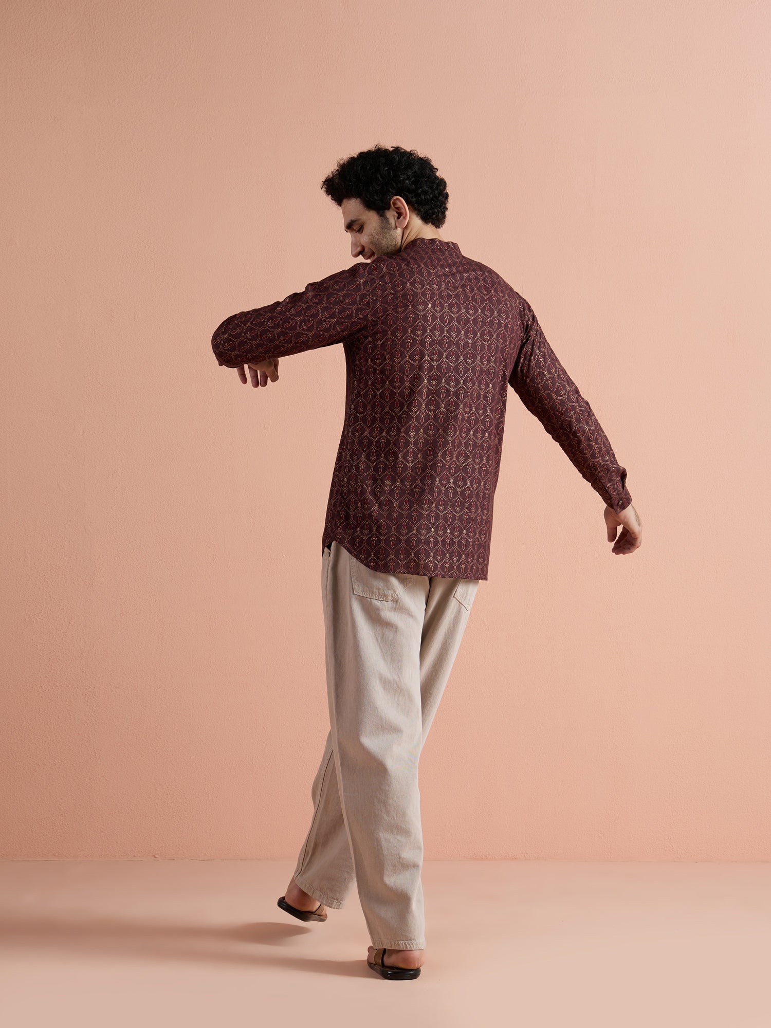 Maroon Cotton Printed Short Kurta